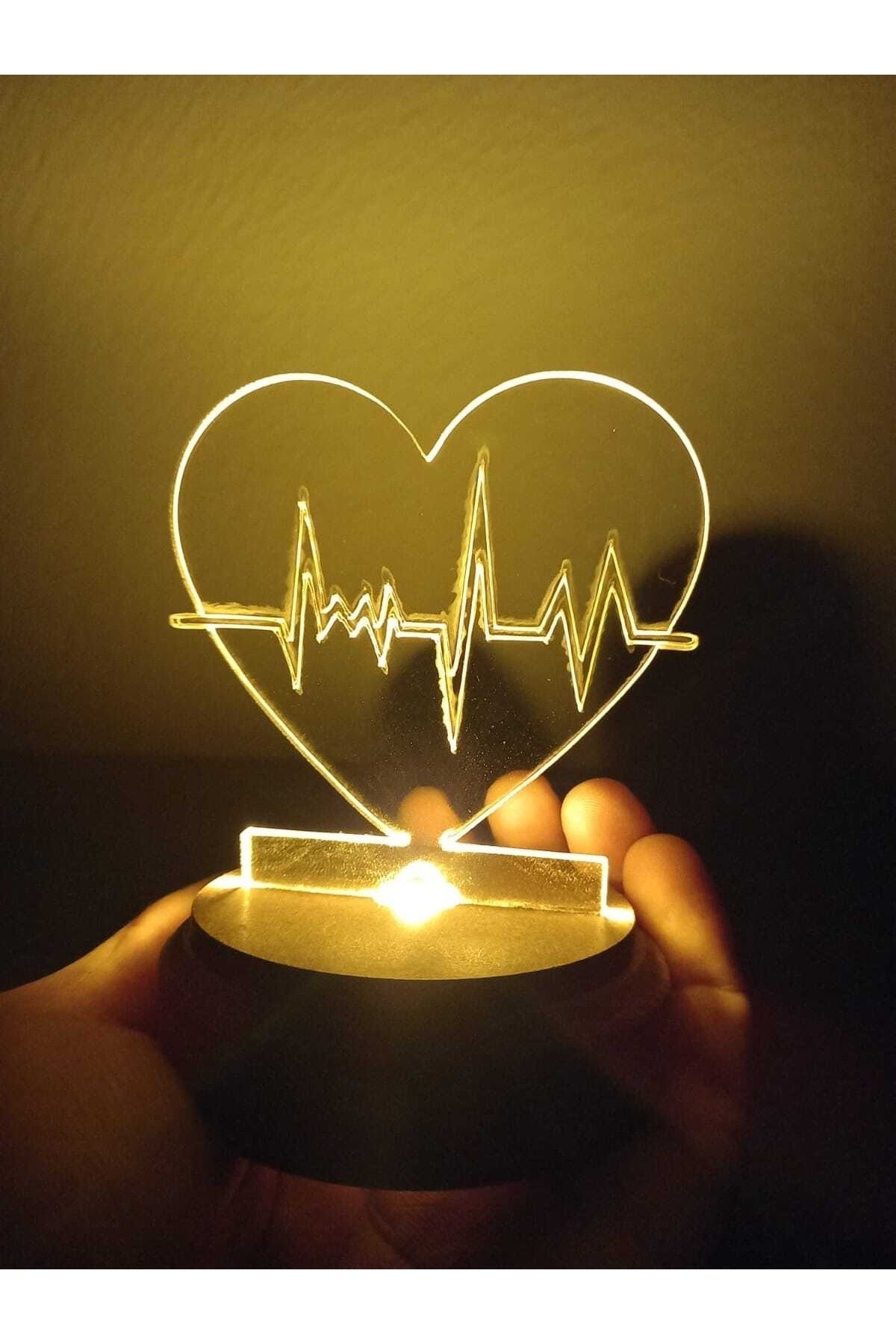 Elfora Kalp Pleksi Işıklı Ahşap Taban 3d Hediye Sevgiliye