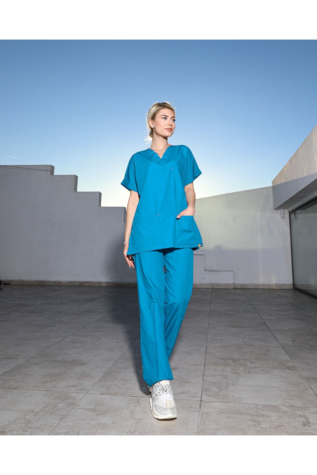 EGEUNIFORM Açık Mavi Kadın Turkuaz Hastane Forması Doktor Hemşire Scrubs Takım Terikoton Sağlıçı Forma Pamuklu