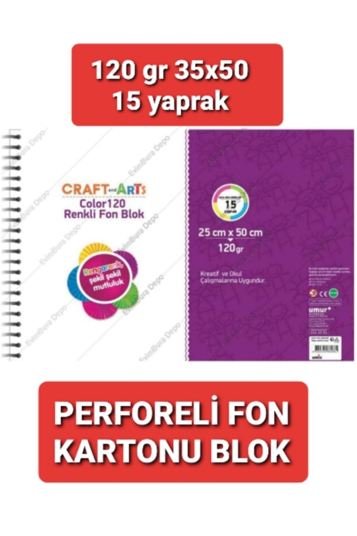Umur Renkli Fon Kartonu 15 Renk Blok 35x50 Cm 120 Gr Perforeli