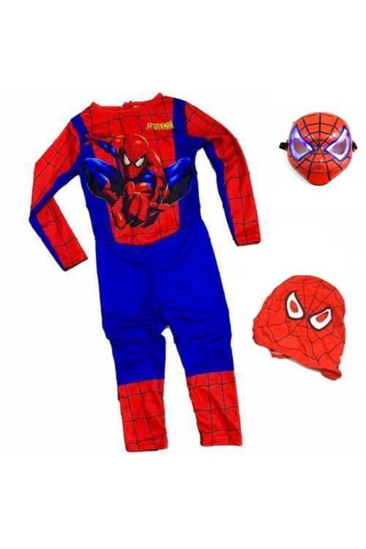 Spiderman Işıklı Maskeli Örümcek Adam Çocuk Kostüm Baskılı Örümcek Adam Kostüm Beden Tablolu