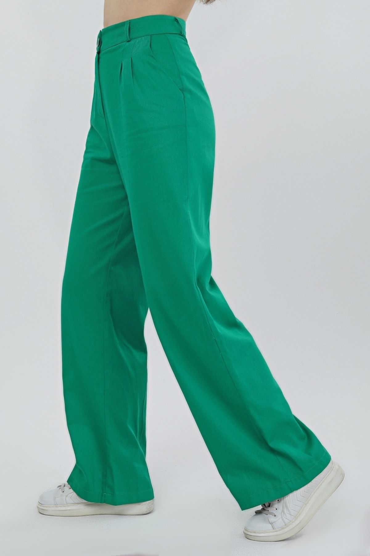 MD trend Kadın Yeşil Yüksek Bel Pileli Palazzo Gabardin Pantolon
