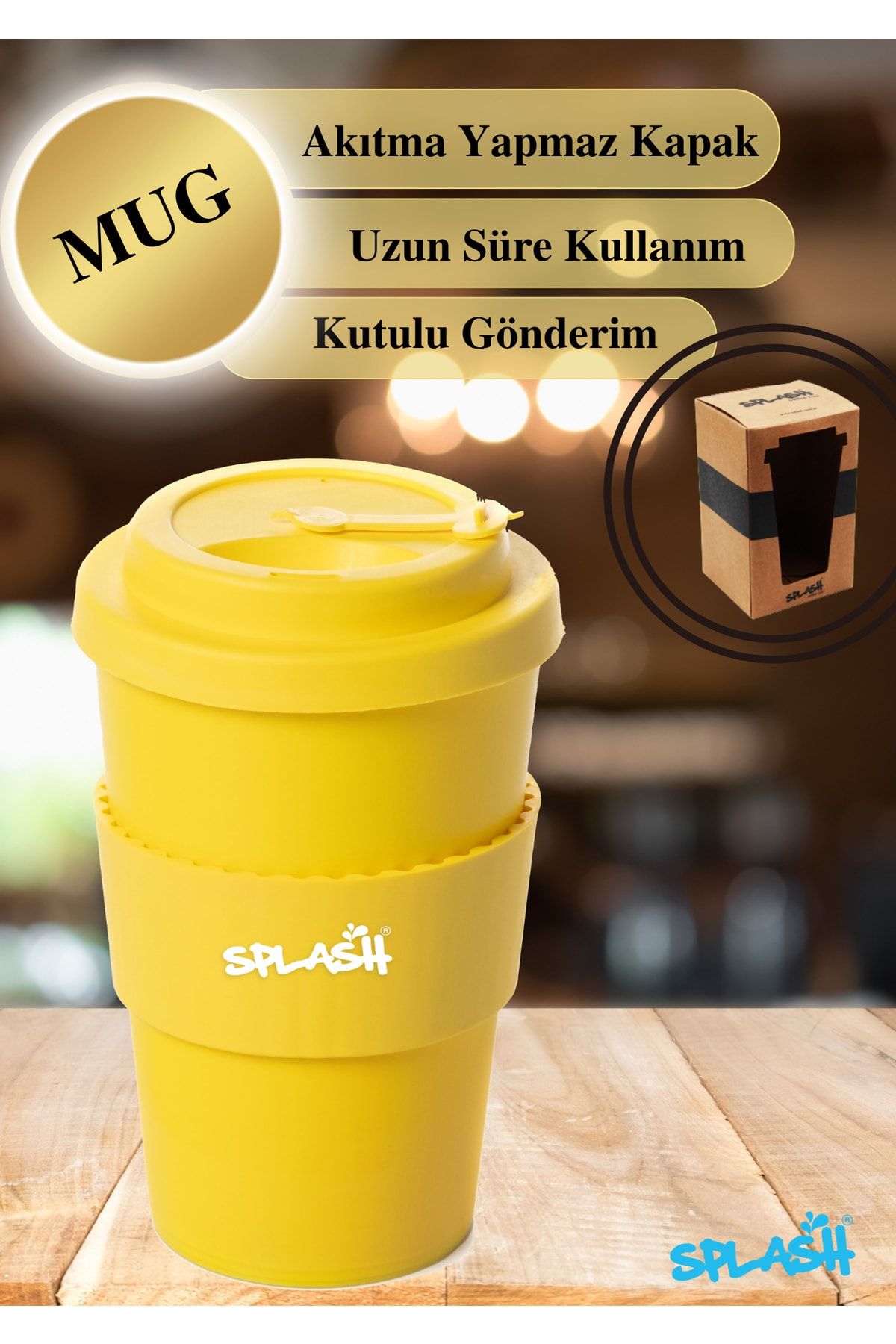 splash Sarı 350 ml Termos Mug Akıtmaz Kapak Çay Kahve Bardağı Özel Kutulu