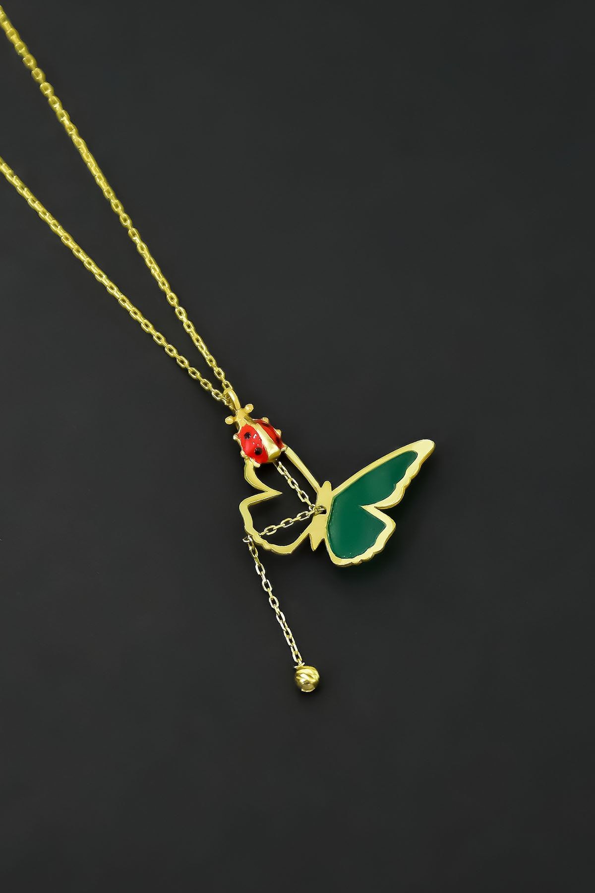 Papatya Silver 925 Ayar Gümüş Gold Kaplama Parlayan Rüya Serisi Tasarım Ebruli Cam Boyalı Uğur Böceği Kelebek Kolye