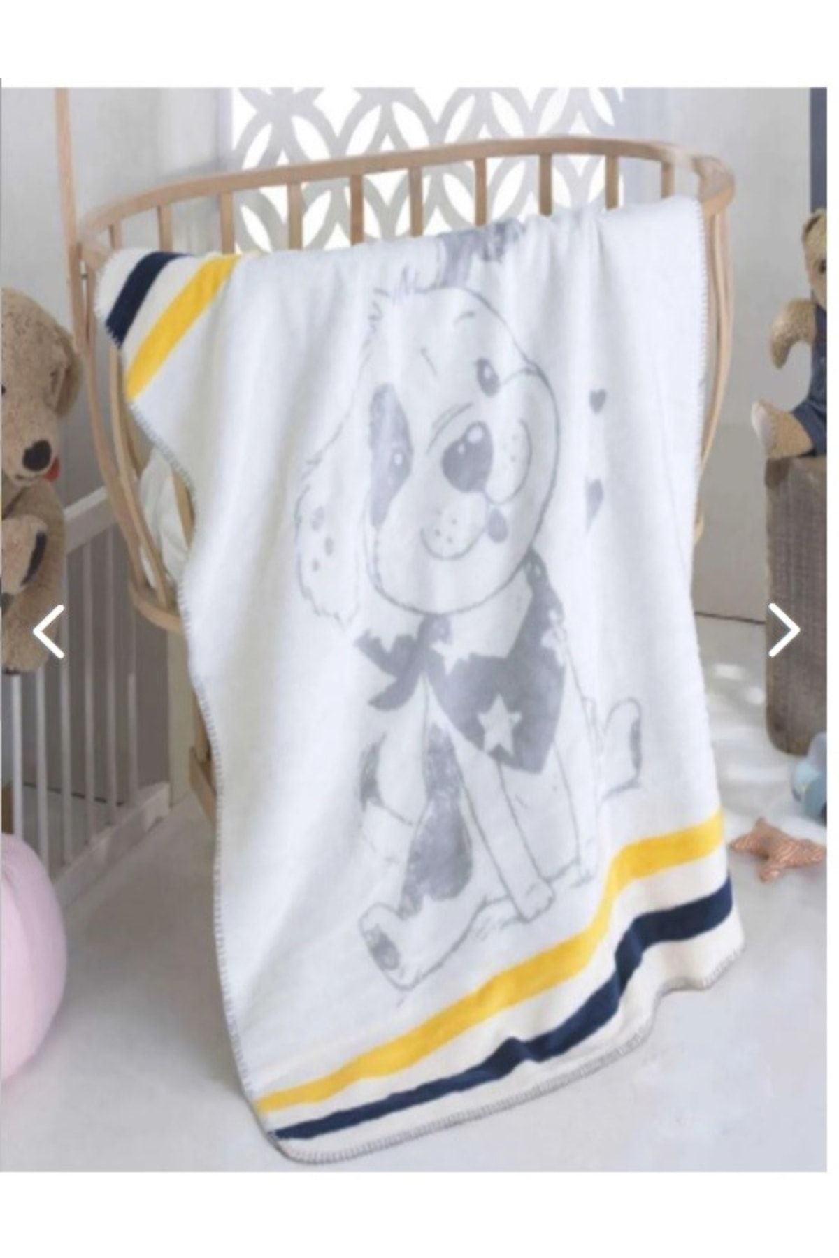 SESLİ HOME Baby Pamuklu Bebek Battaniye 100 X 120 Cm Sarı Lacivert Köpekli