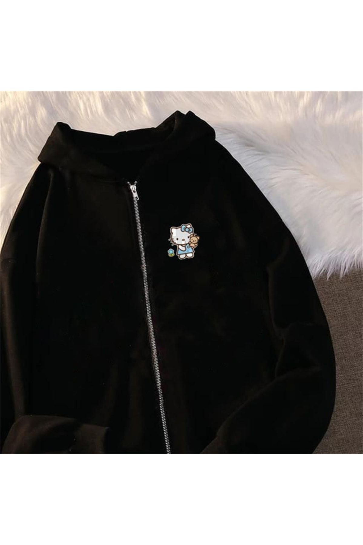 Touz Moda Dompuleri Moda Hello Kitty Baskılı Oversize Fermuarlı Siyah Unisex Kapüşonlu Hırka