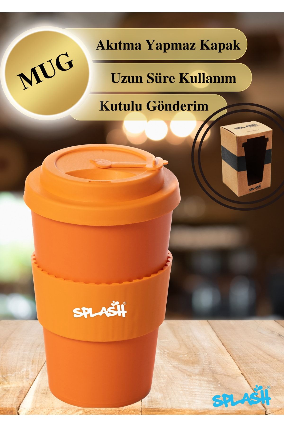 splash Turuncu 350 ml Termos Mug Akıtmaz Kapak Çay Kahve Bardağı Özel Kutulu