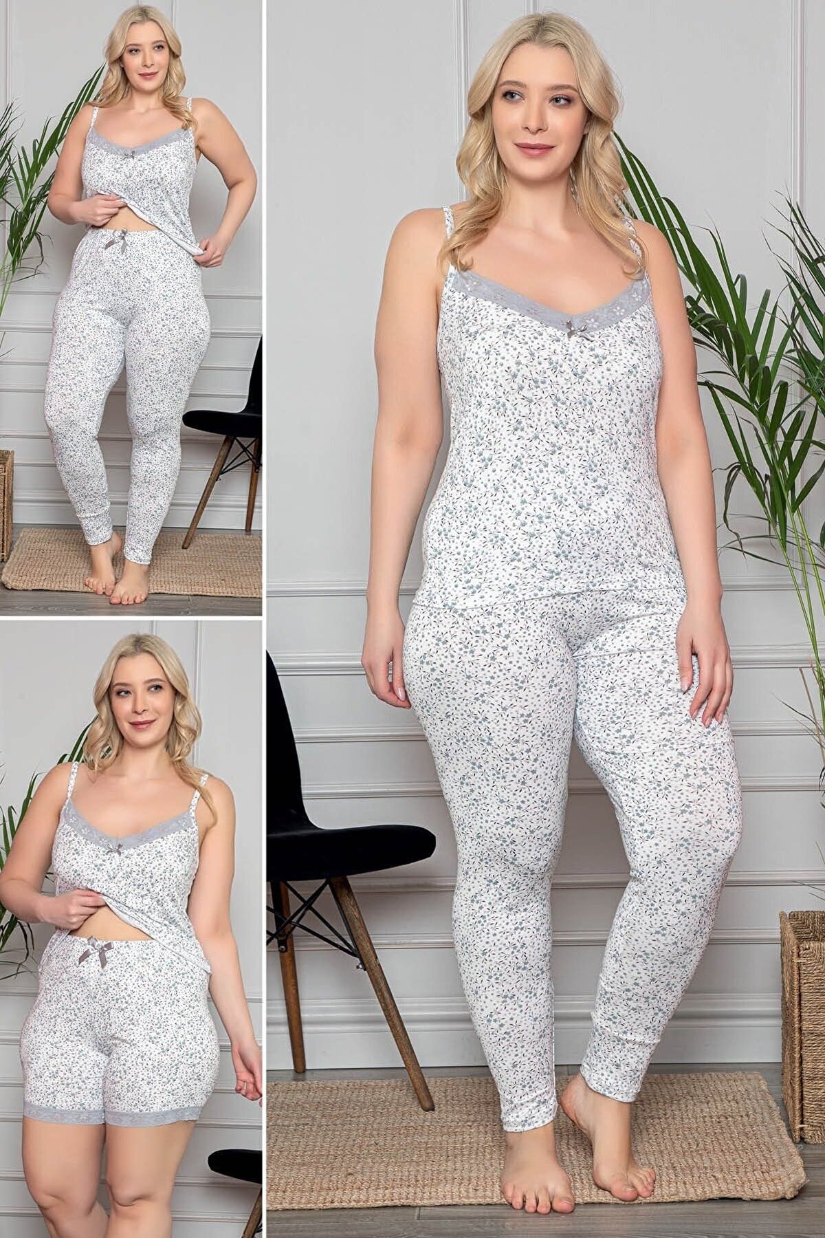 MyBen Büyük Beden Beyaz Renkli Dantel Detaylı Şortlu Ve Taytlı Pijama Takımı 3'lü Set 80007