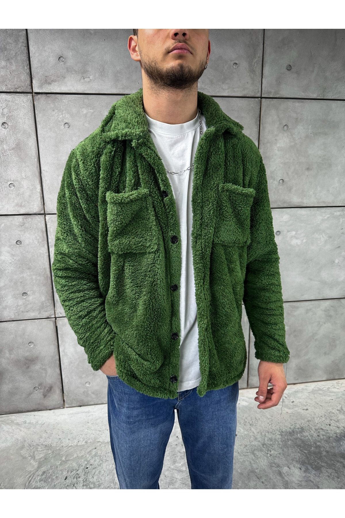 Calvin Jones Erkek Yeşil Düğme Cep Detaylı Peluş Ceket