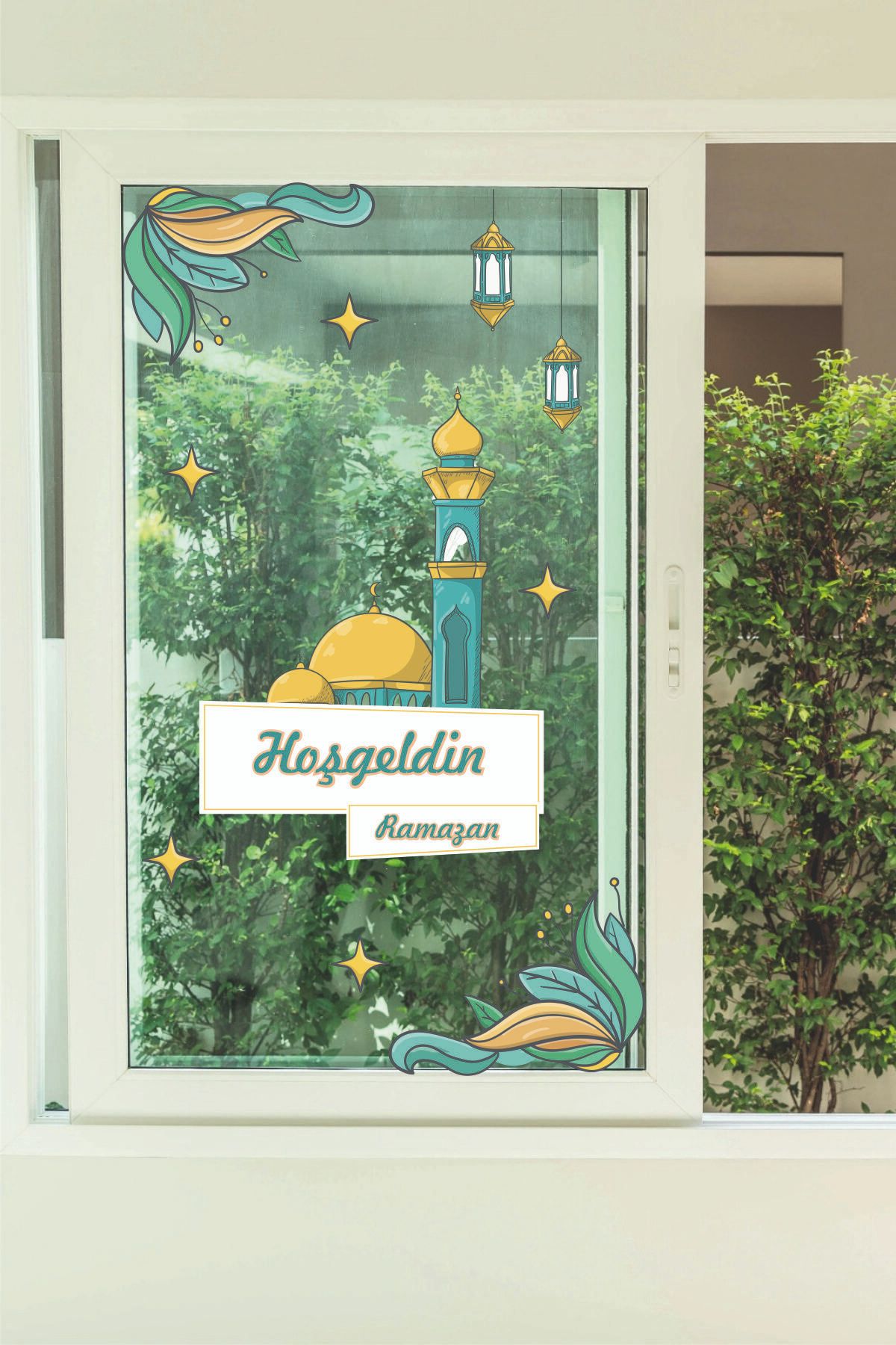 Tasarım Ada'sı Hoşgeldin Ramazan Sarı Yeşil Camili Dekoratif Cam Duvar Mobilya Sticker