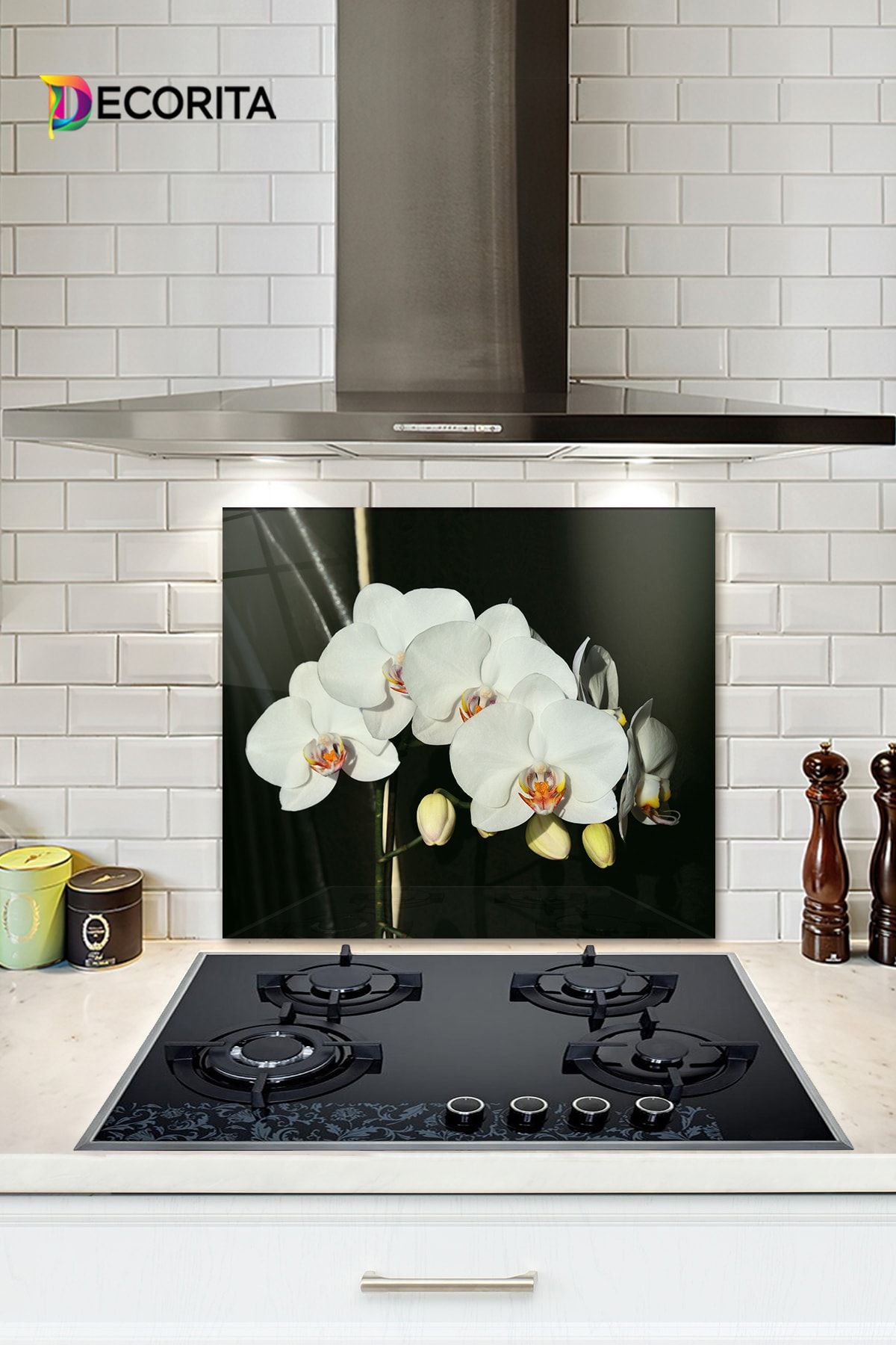 Decorita Cam Ocak Arkası Koruyucu | Orkideli Mutfak | 52cm X 60cm