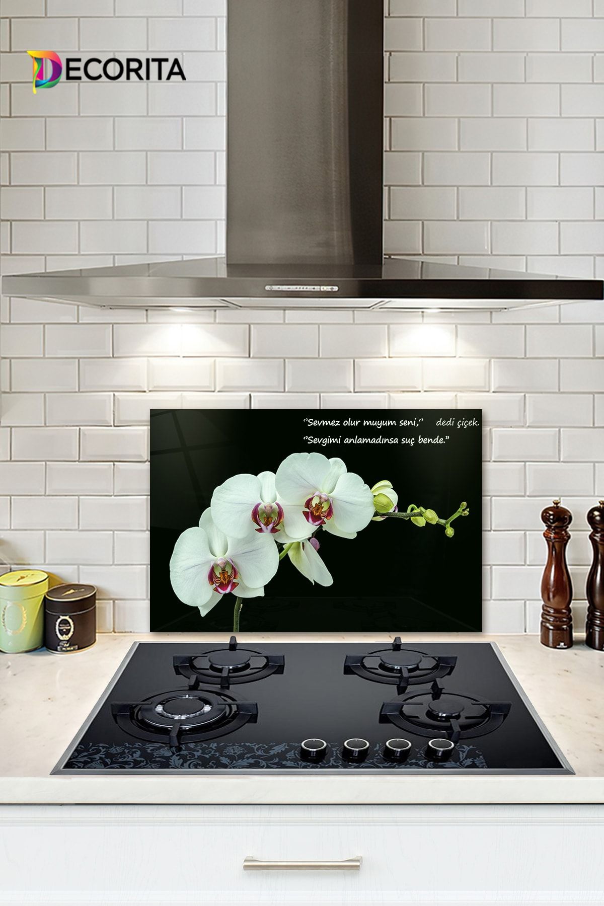 Decorita Cam Ocak Arkası Koruyucu | Zarif Orkide | 40cm X 60cm