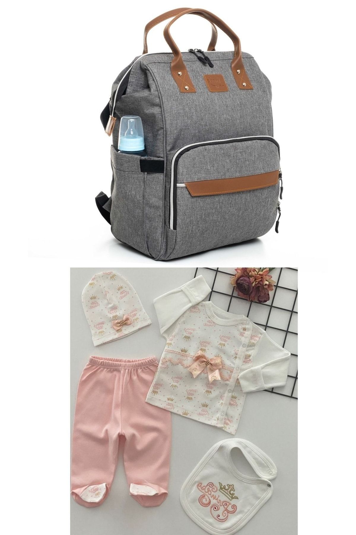 Sahra Luxus Baby Bag Anne Bebek Bakım Sırt Çantası Ve %100 Pamuk Hastane Çıkış Seti