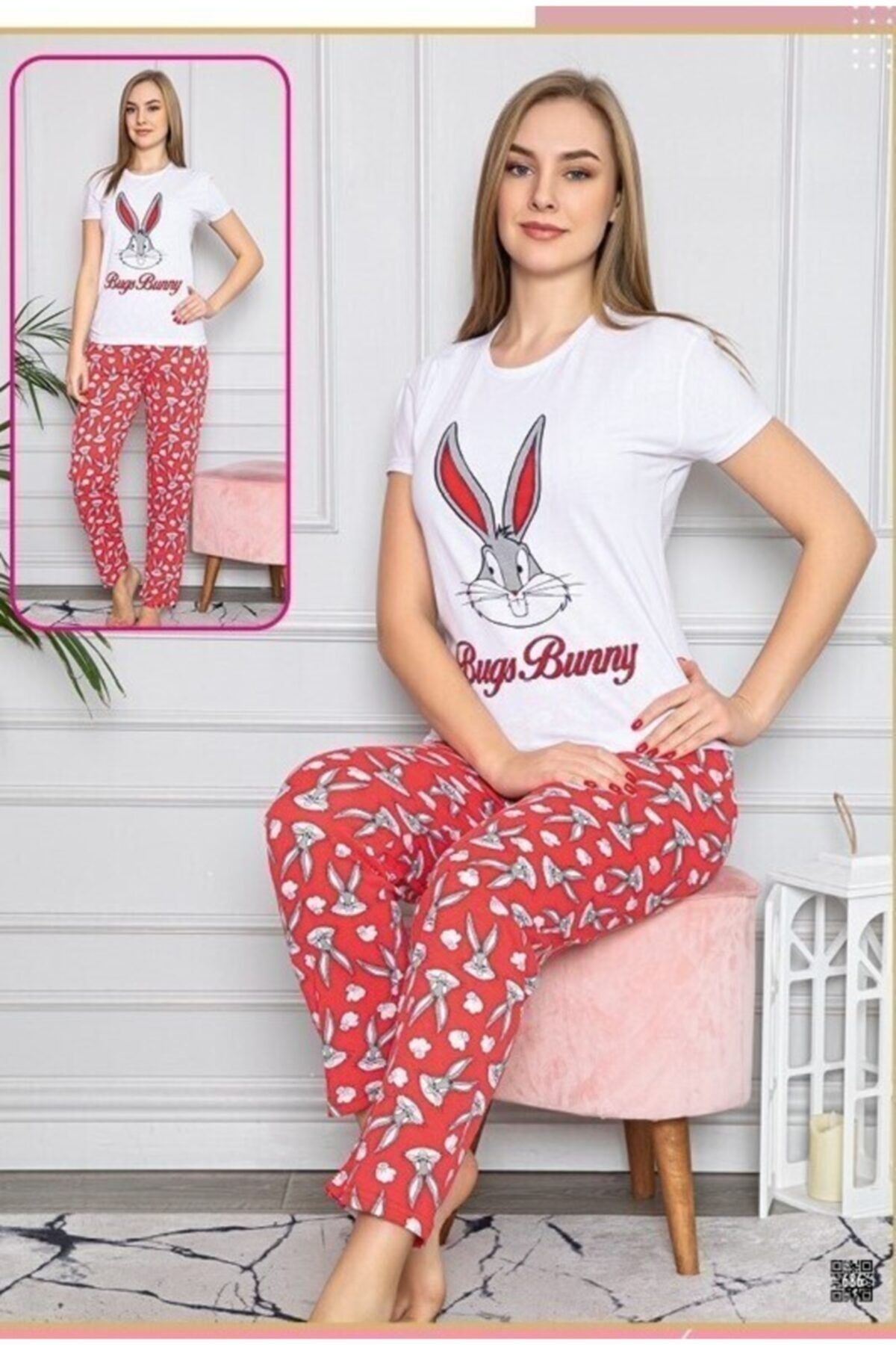Mickey Mouse Kadın Kırmızı Buggs Bunny Pijama Takımıı