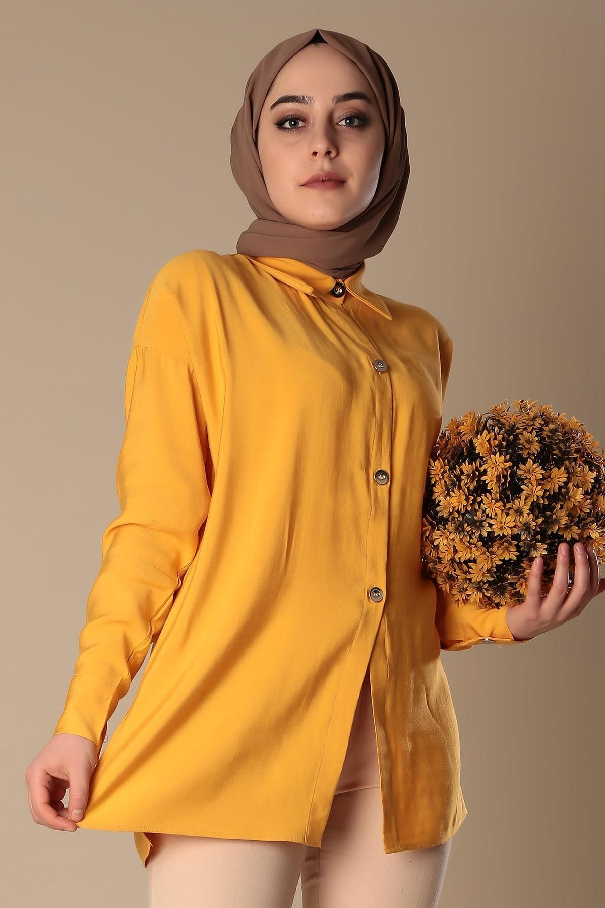 Moda Gülay Kadın Sarı Metal Düğme Basıc Tunik