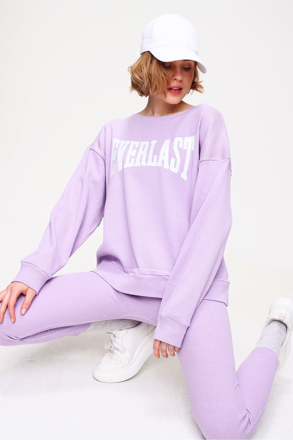 Trend Alaçatı Stili Kadın Lila Sweatshirt Örme Tayt İkili Takım ALC-X5890
