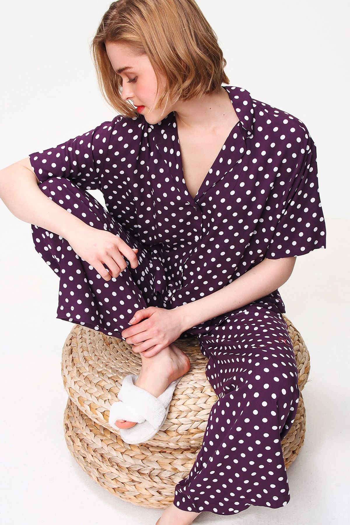 Trend Alaçatı Stili Kadın Mürdüm Yakalı Dokuma Pijama Takım ALC-X5895