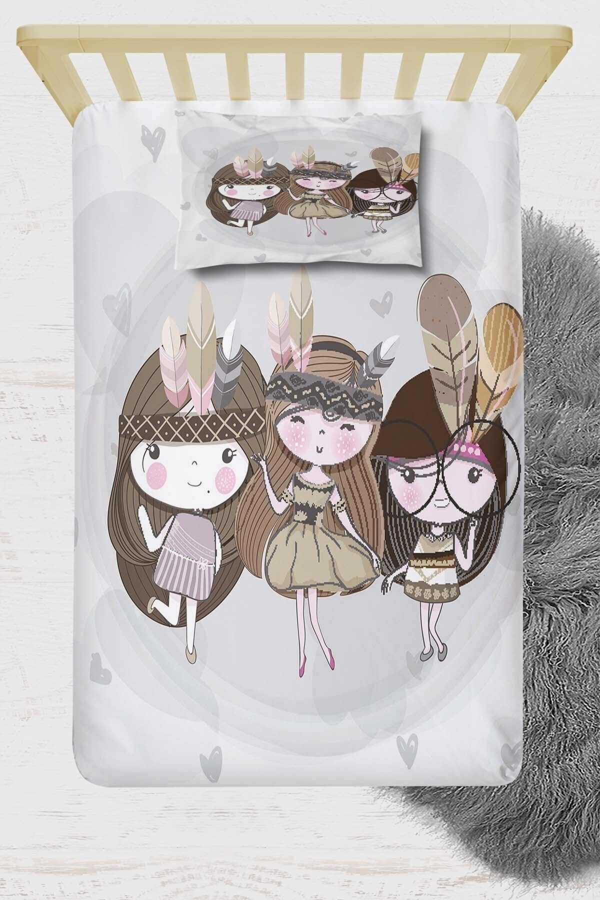 Osso Halı Sevimli Bohem Kızlar 3d Desenli Lastikli Tek Kişilik Çocuk Çarşaf Takımı 90x190cm