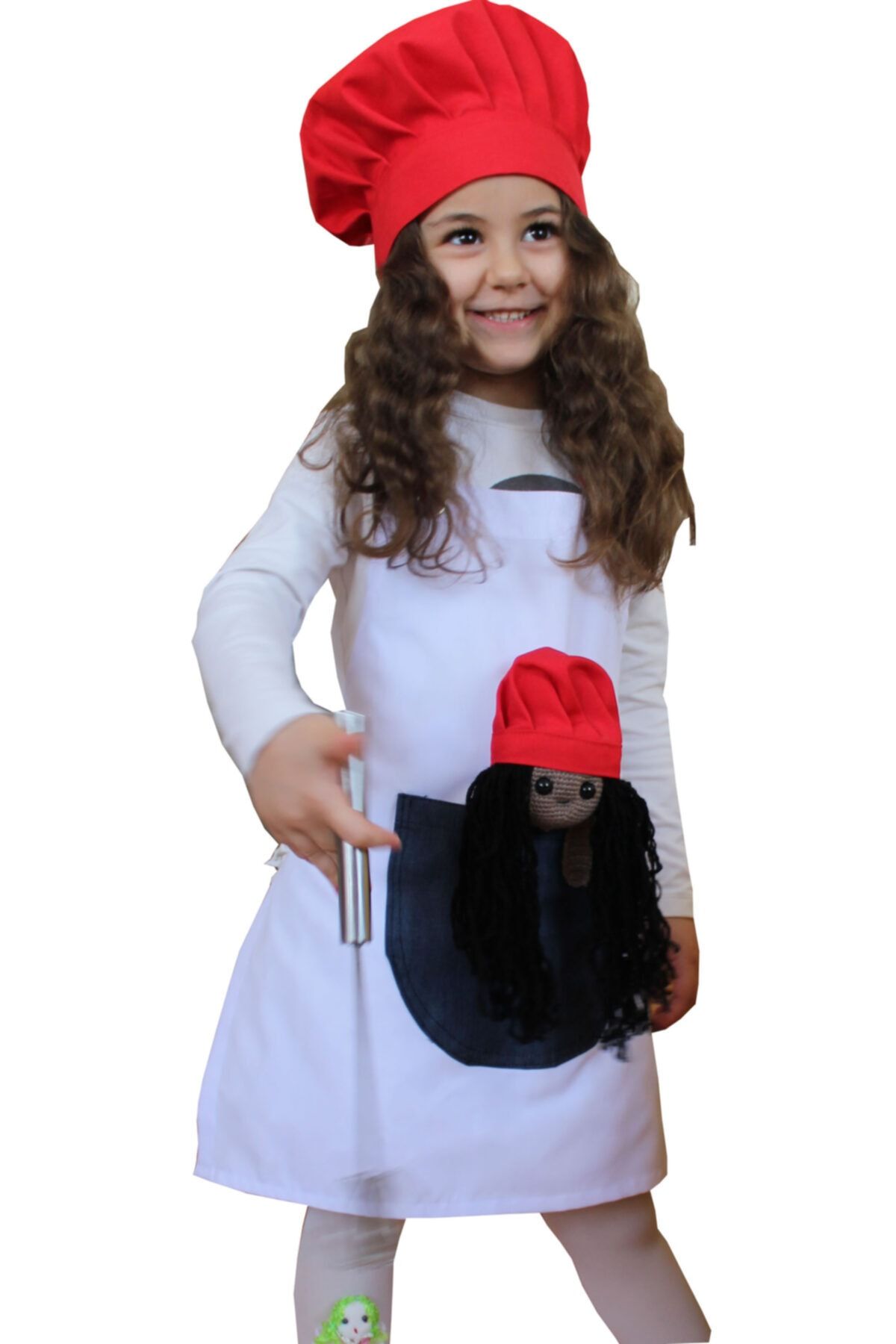 medusaforma Kız Çocuk Aşçı Kıyafeti Amigurumi Oyuncak Bebek Figürlü Askılı Mutfak Önlüğü ve Kep Takım - Beyaz