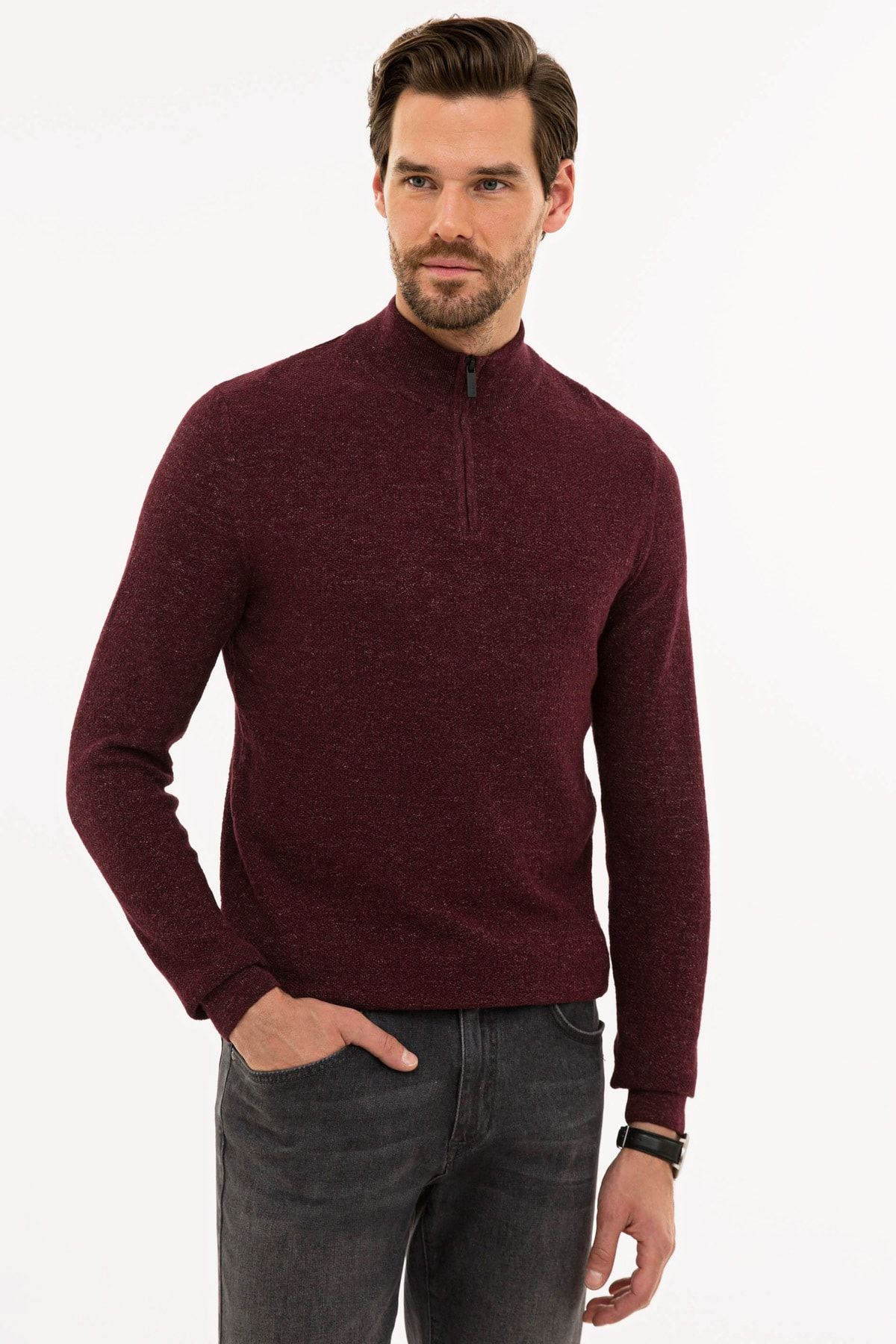 Pierre Cardin Erkek Bordo Slim Fit Yarım Balıkçı Yaka Triko Kazak G021SZ0TK.000.1129187