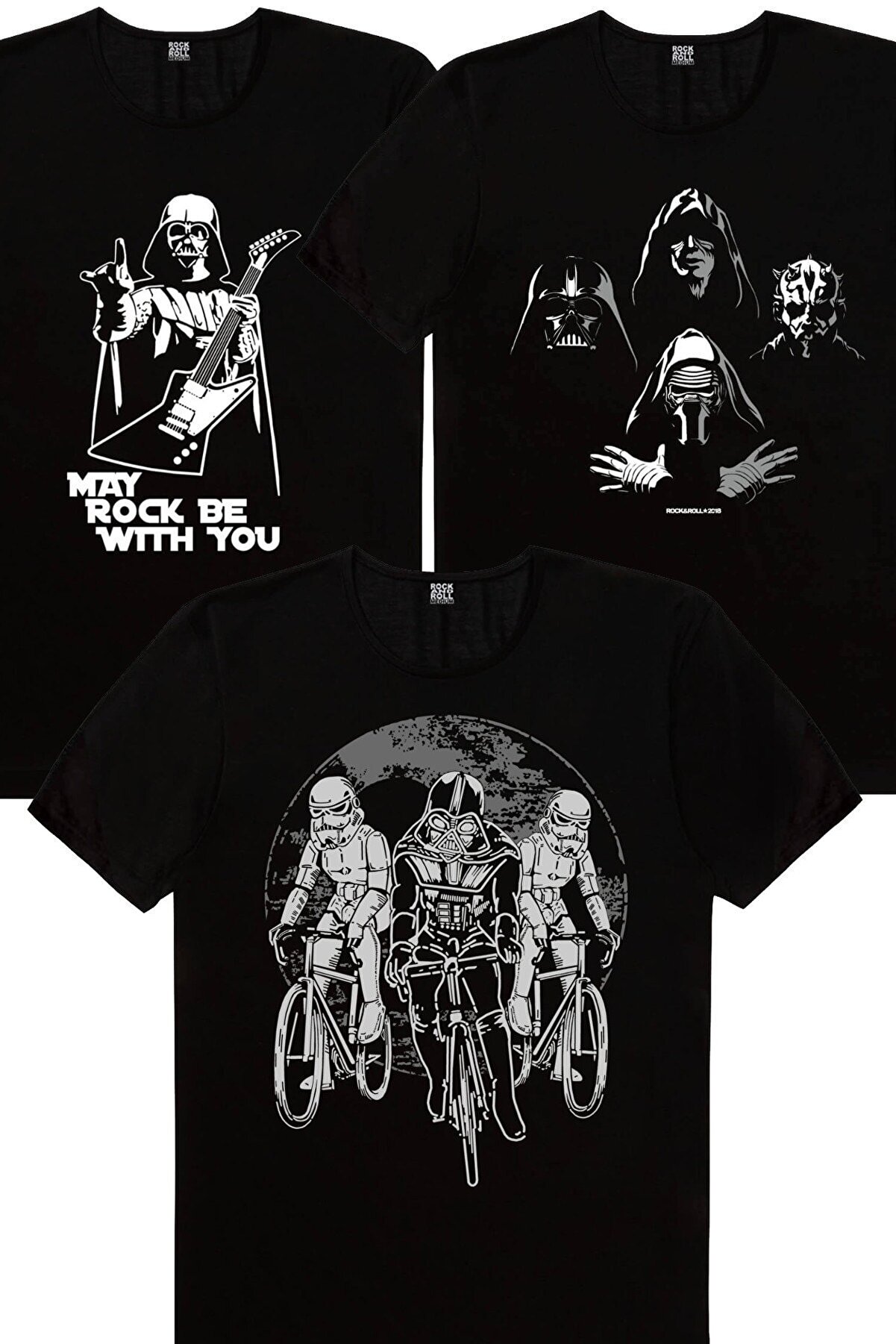 ROCKANDROLL Erkek Siyah Yıldız Bisikletcileri, Rocker Darth Vader, Dört Kafa Yıldız Savaş 3'lü Eko Paket T-shirt