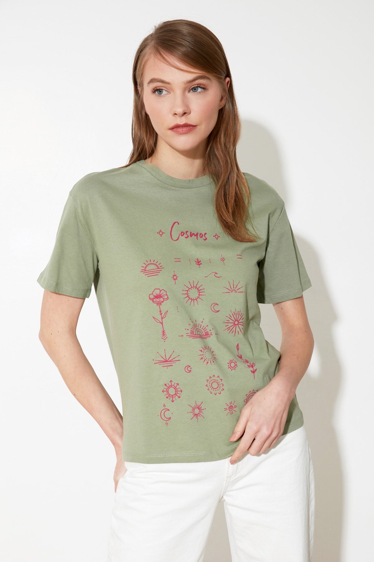 TRENDYOLMİLLA Mint Baskılı Semifitted Örme T-Shirt TWOSS21TS1086
