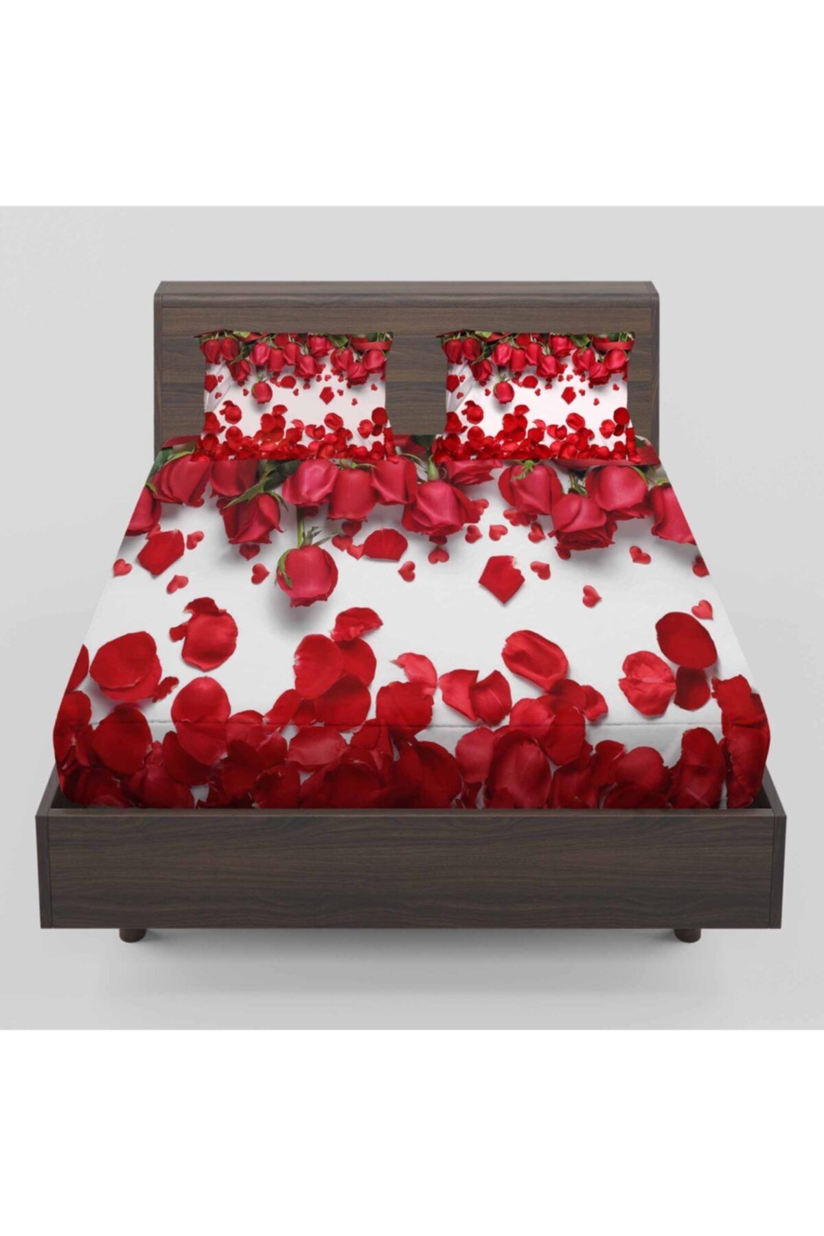 3D ELSE HALI Kırmızı Güller Yapraklar Desenli Lastikli Çift Kişilik Lastikli Çarşaf Takımı 160x200cm