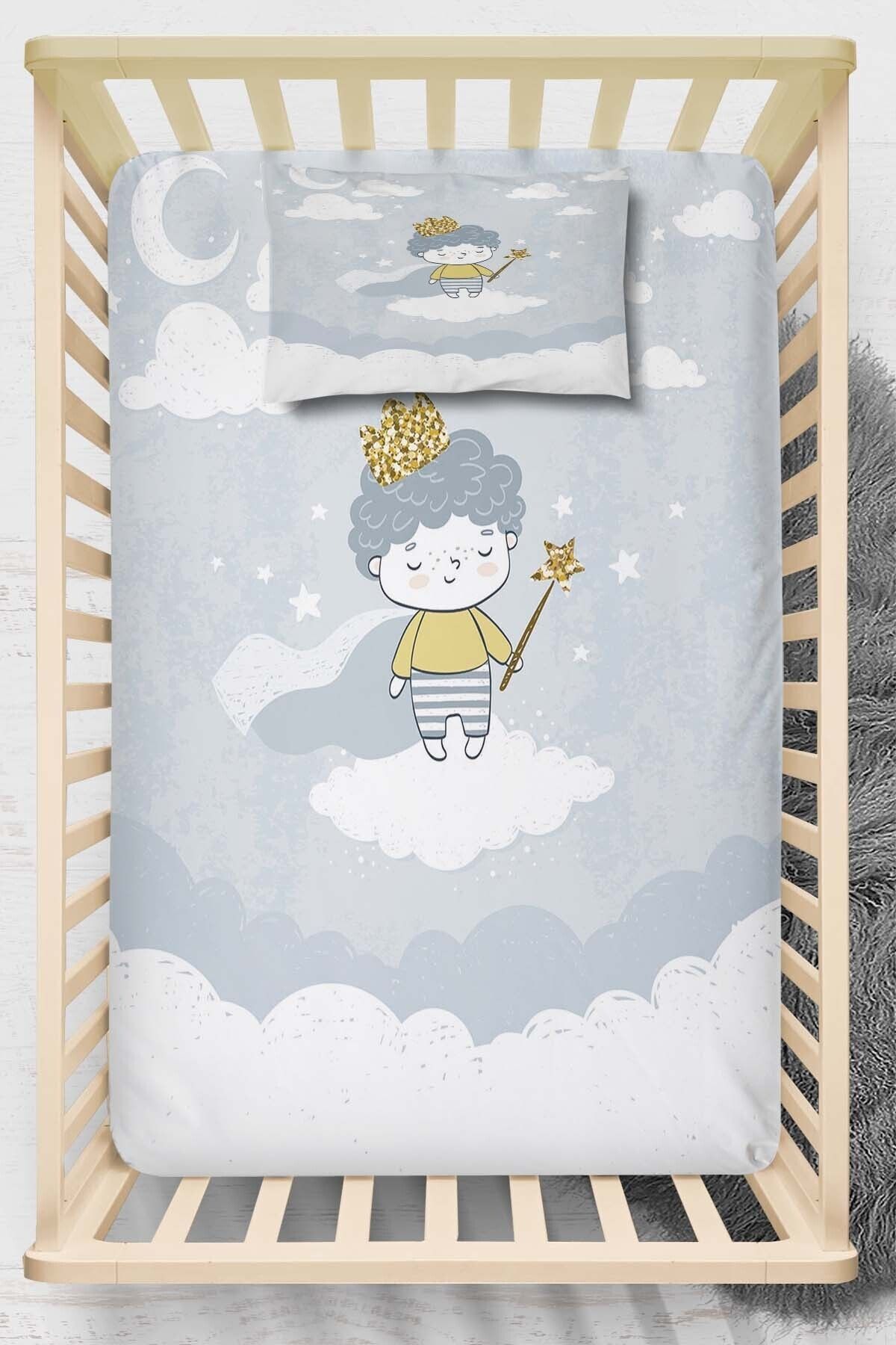 Else Halı Else Minik Prens Gri Beyaz Bulutlu 3d Desenli Lastikli Bebek Çarşaf Takımı 70x140cm