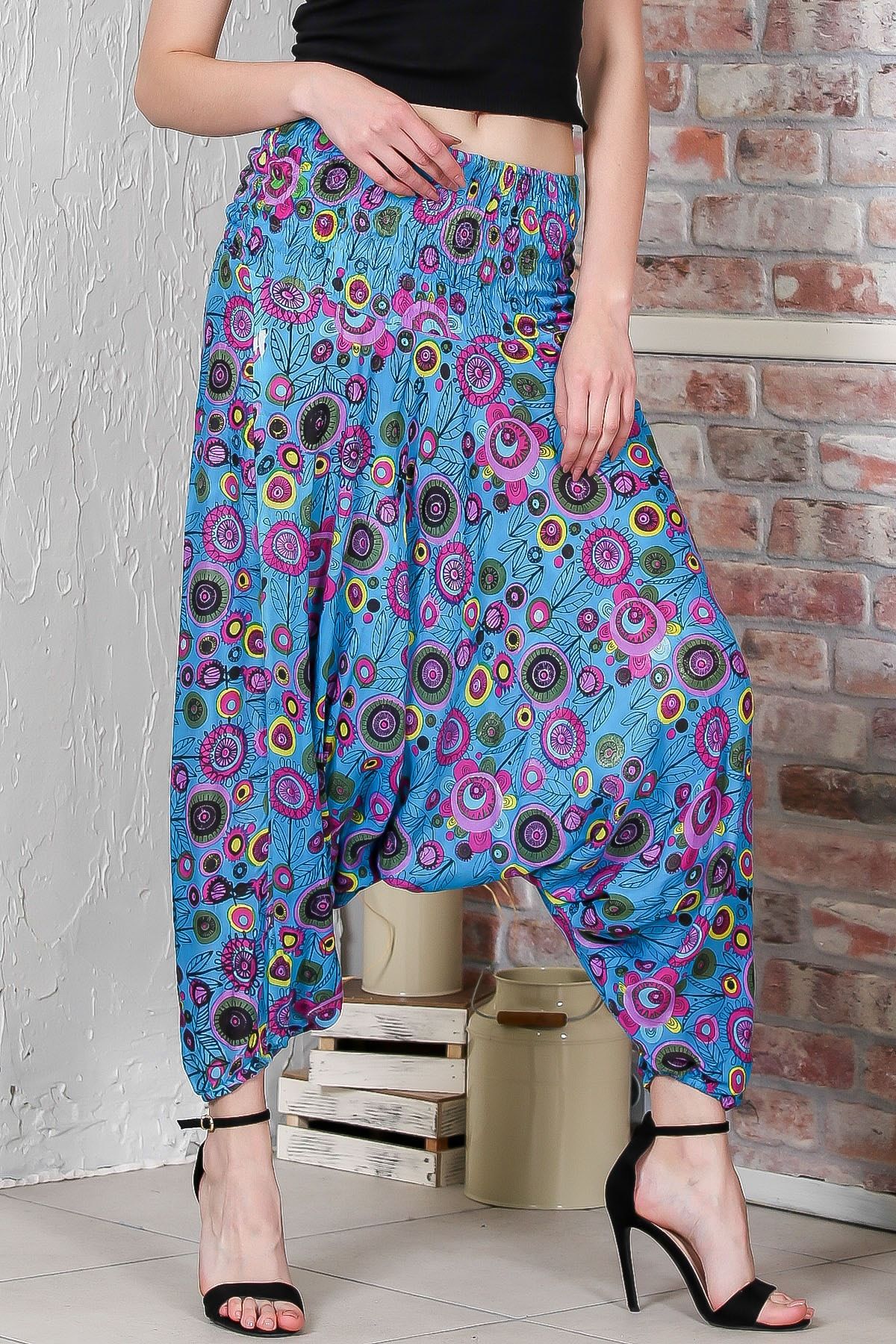 Chiccy Kadın Mavi Beli Gipeli Geometrik Desenli Şalvar Pantolon M10060000PN98877