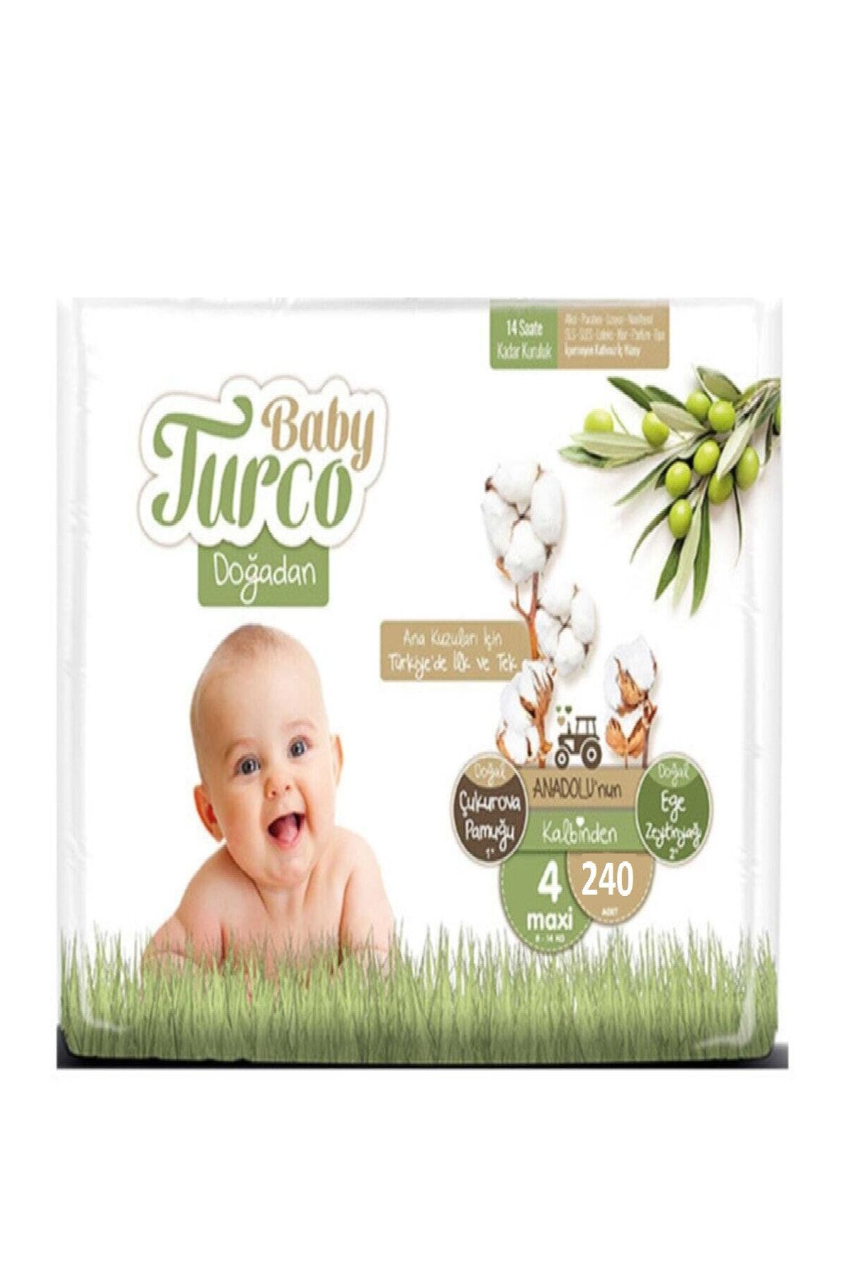 Baby Turco Doğadan Bebek Bezi 4 Beden 8 - 14 kg 240 Adet + 10ml Pişik Kremi