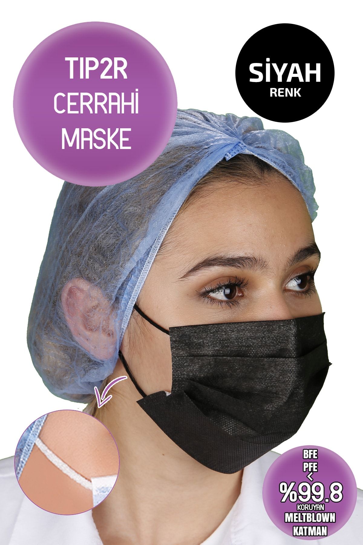 Poetic Naturel Tip2r Cerrahi Maske (MELTBLOWN MASKE) Siyah 50 Adet 10'lu Paket
