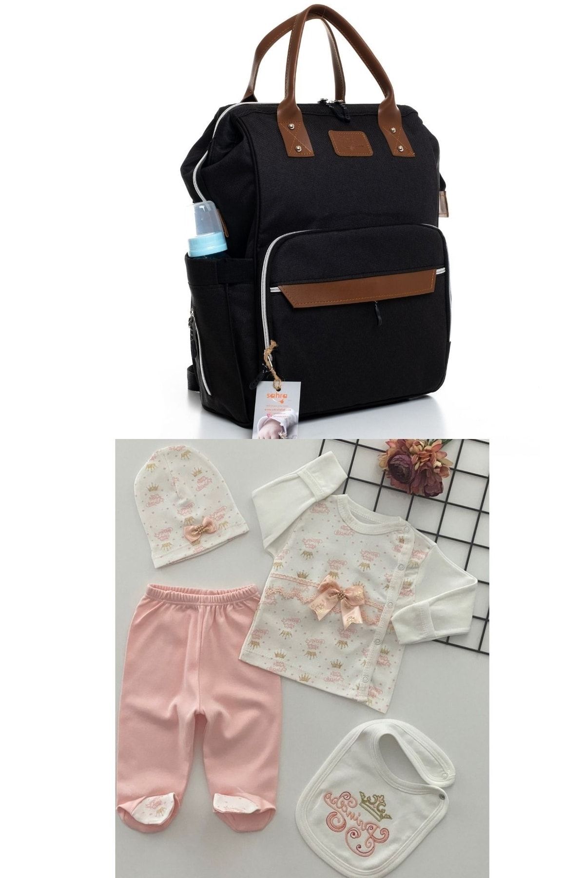 Sahra Luxus Baby Bag Anne Bebek Bakım Sırt Çantası Ve %100 Pamuk Hastane Çıkış Seti