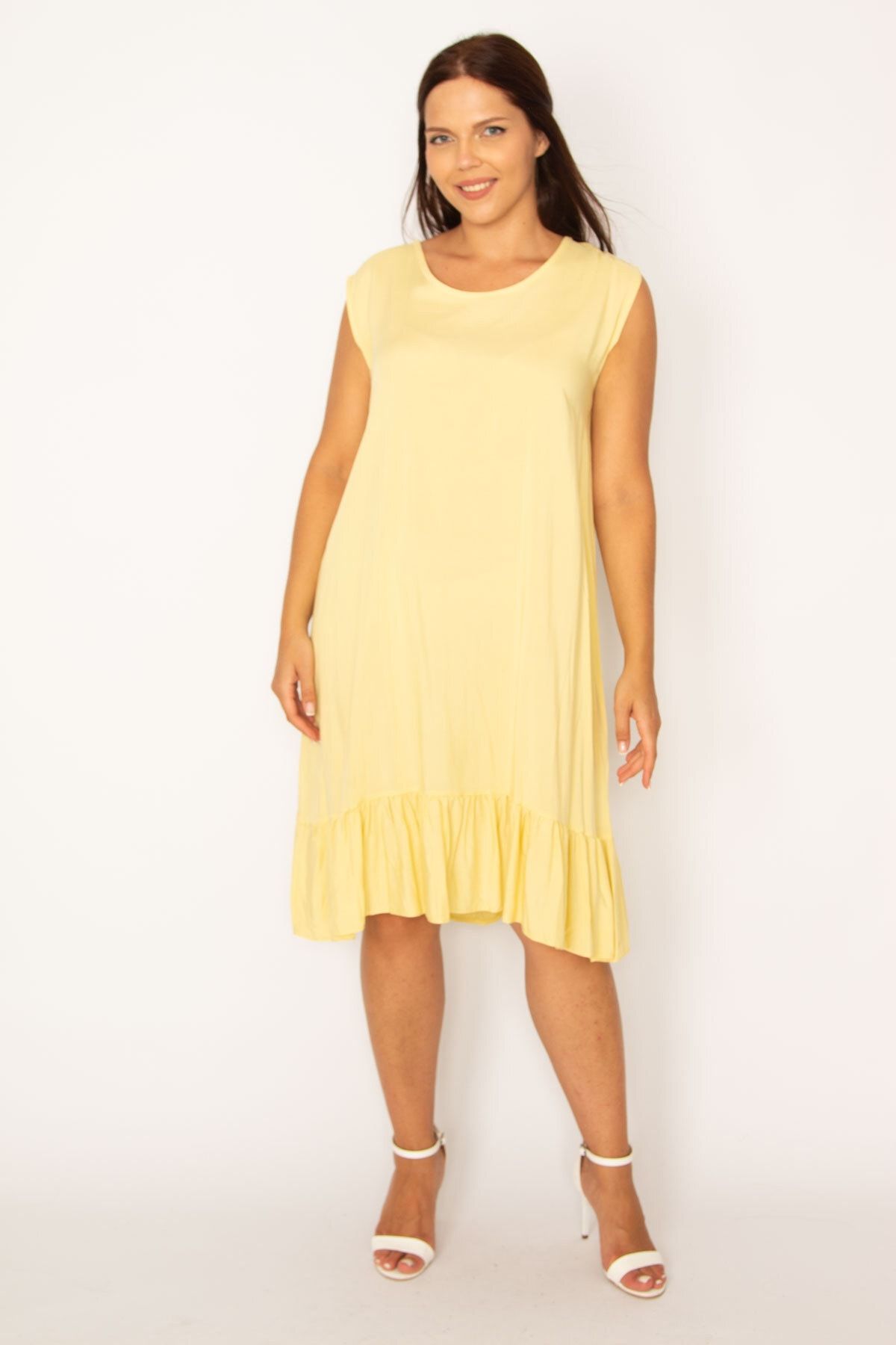 Şans Kadın Büyük Beden Sarı Etek Ucu Fırfırlı Viskon Elbise 65n35402