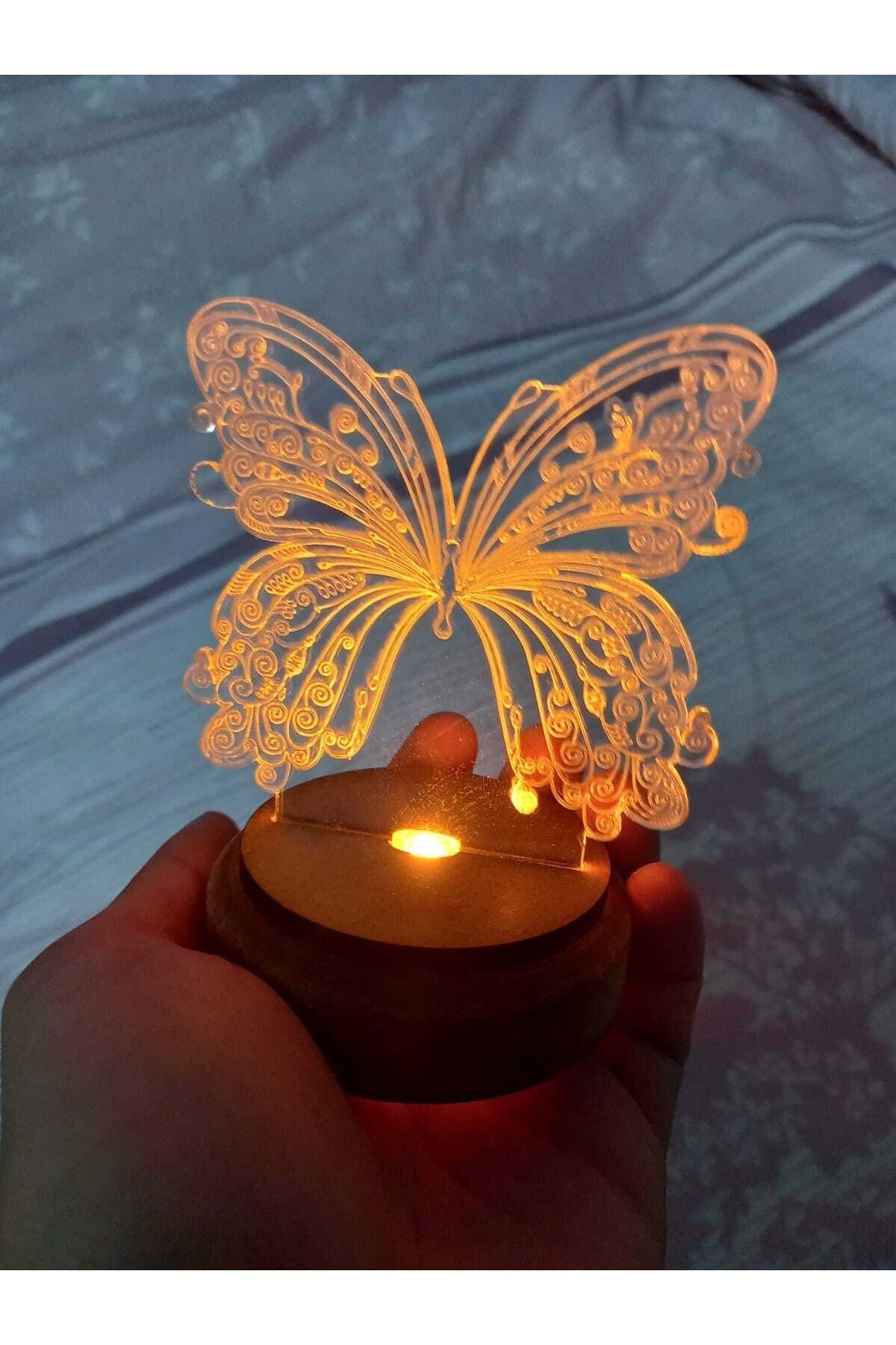 Elfora Pleksi Işıklı Kelebek 3d Ahşap Taban Hediye Masa Lambası