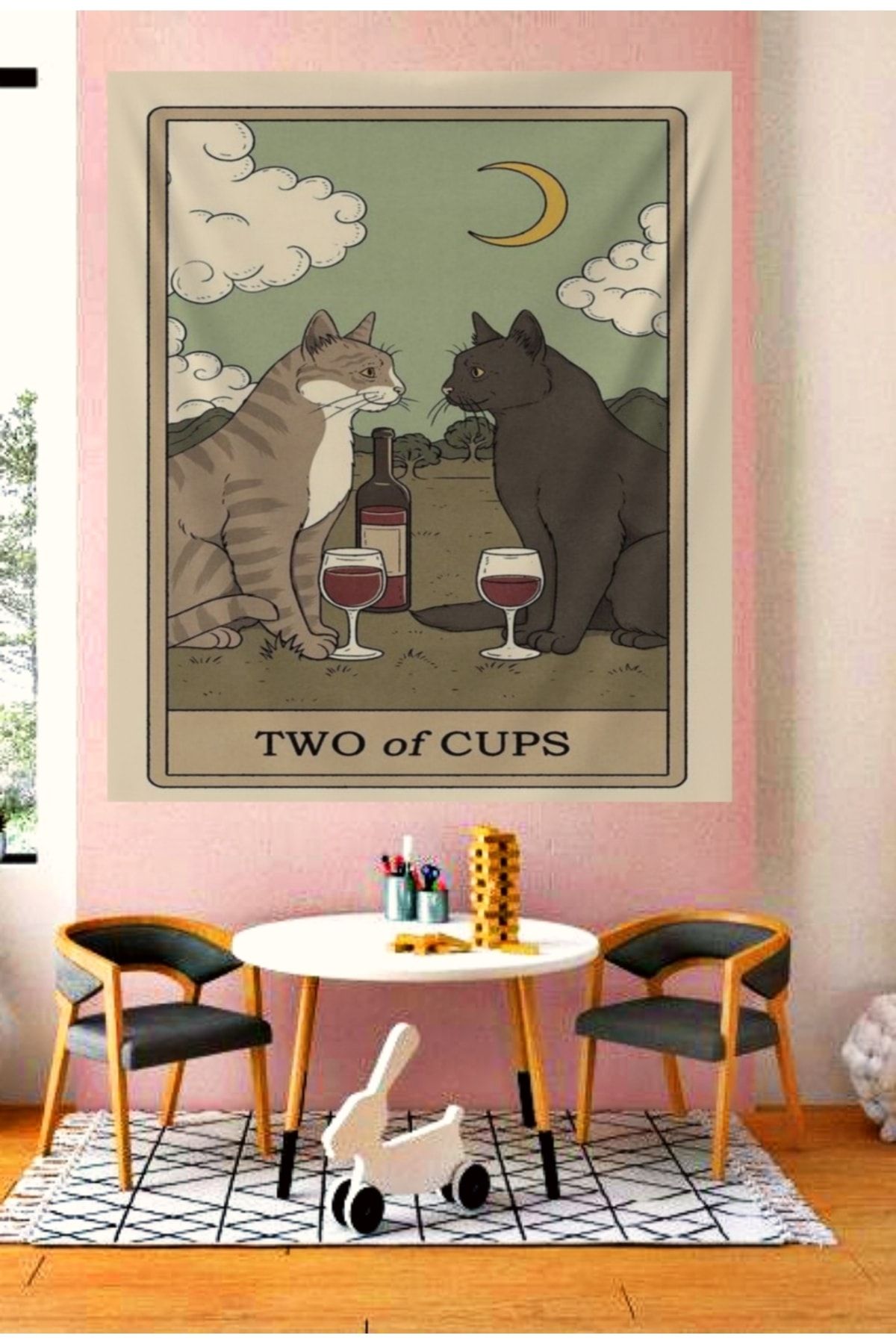 ALAMODECOR Şarap Içen Kediler Hippi Model Duvar Örtüsü | Duvar Halısı | Tapestry |