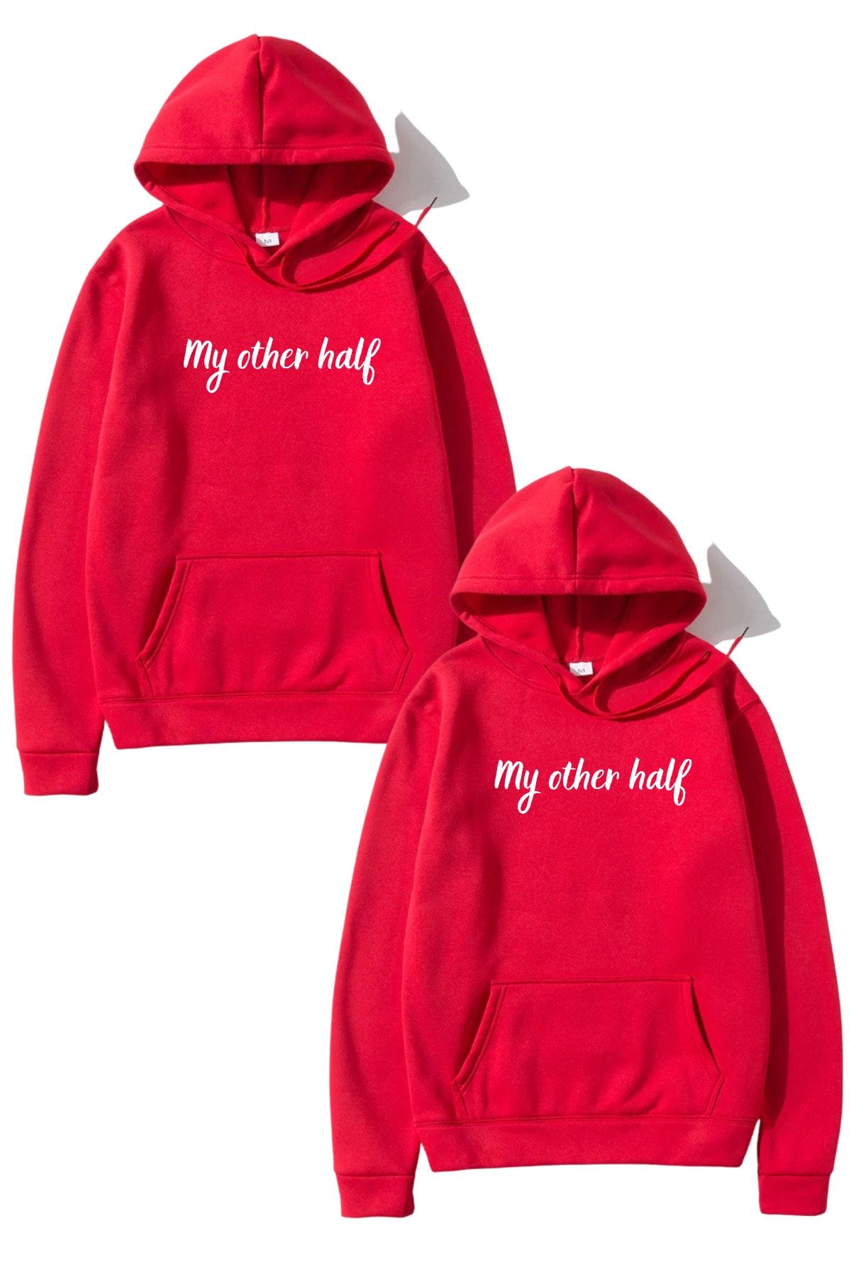 MODAGEN Sevgili Çift Kombini My Other Half Tasarım 2'li Ürün Kırmızı Kapüşonlu Sweatshirt