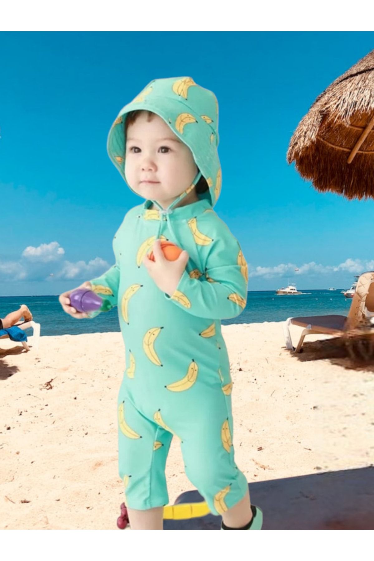 Lolliboomkids Unisex Bebek - Çocuk Mayo Tam Vücut Güneş Koruma Hassas Ten Muz Desen Mayo Şapka