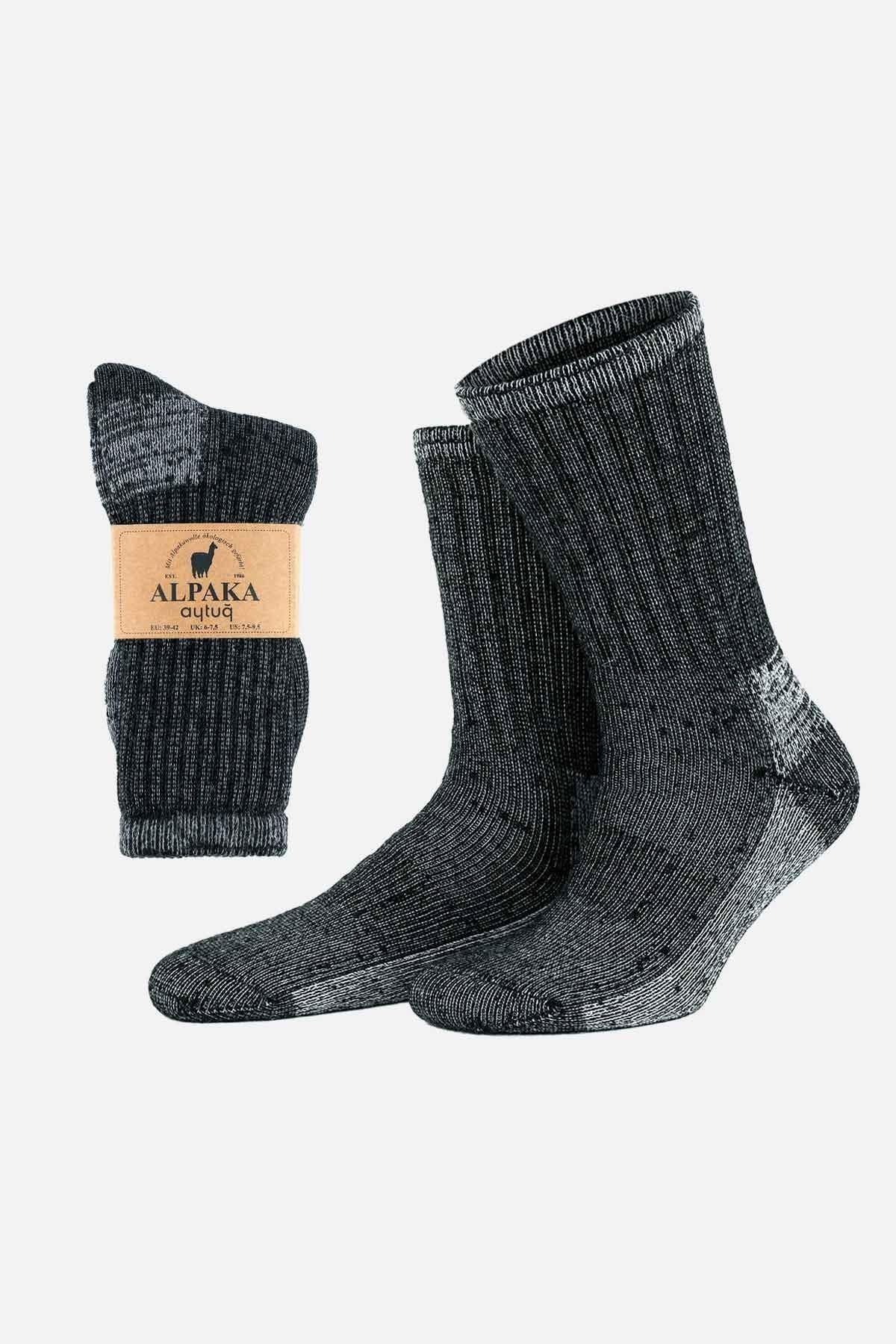 Aytuğ Unisex Alpaka Yünü Havlu Kışlık Antrasit/ekru Soket Çorap - A-6006