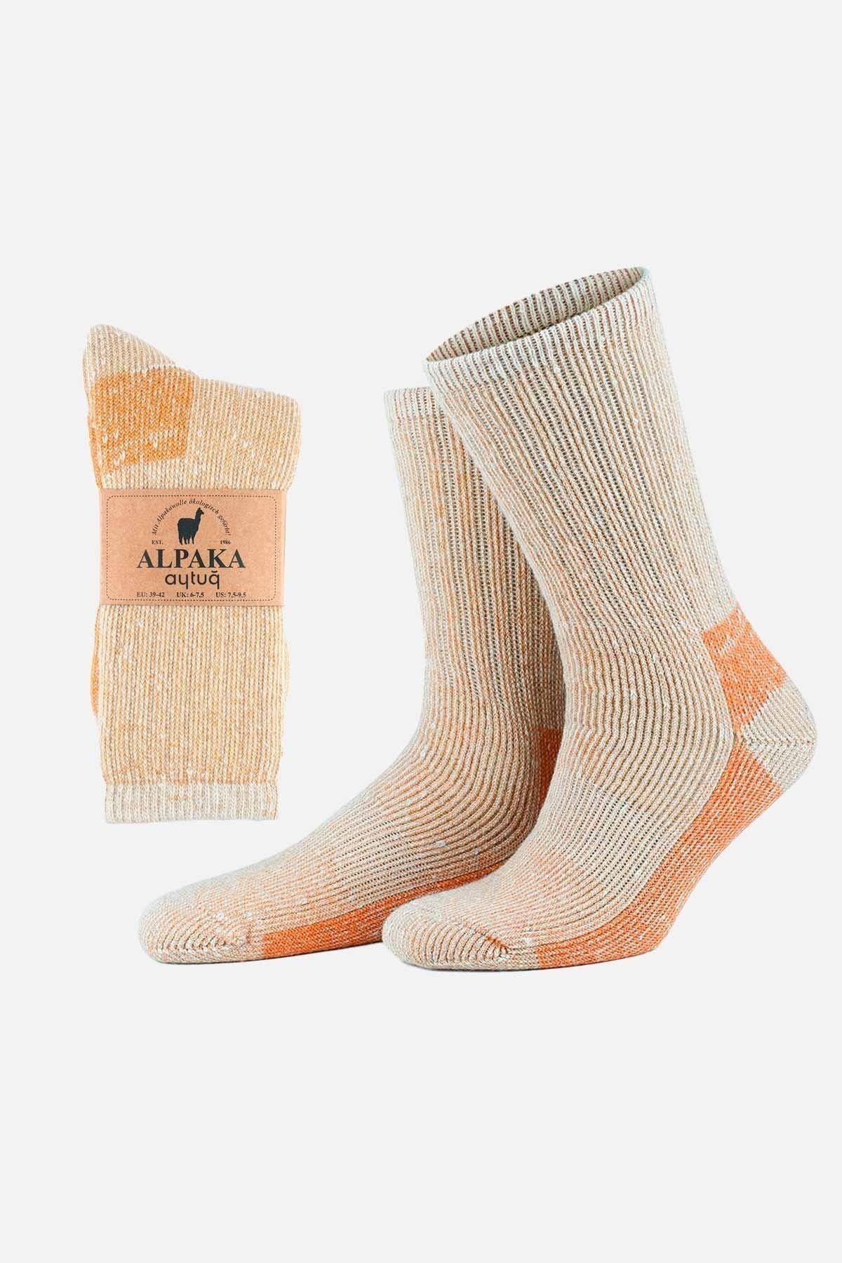 Aytuğ Unisex Alpaka Yünü Havlu Kışlık Ekru/turuncu Soket Çorap - A-6006