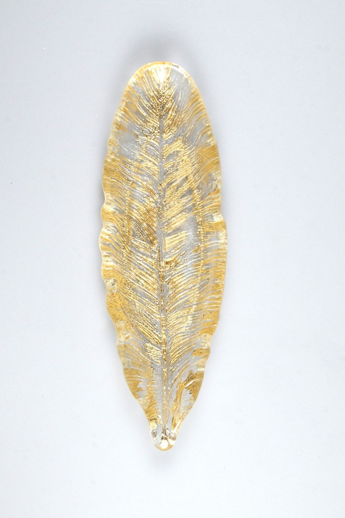 Heritage Altın Varak Eskitme Detaylı Kuş Tüyü Dekoratif Cam Servis Sunum Tabağı 25x9 Cm