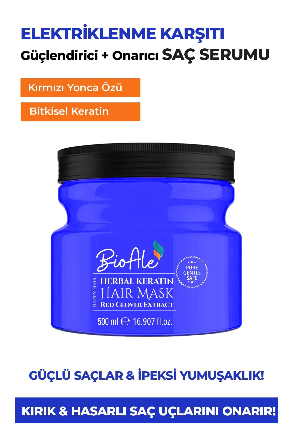 BioAle Haircare Güçlendirici,onarıcı,elektriklenme Karşıtı Saç Maskesi Bitkisel Keratin + Kırmızı Yonca Özü 500 Ml