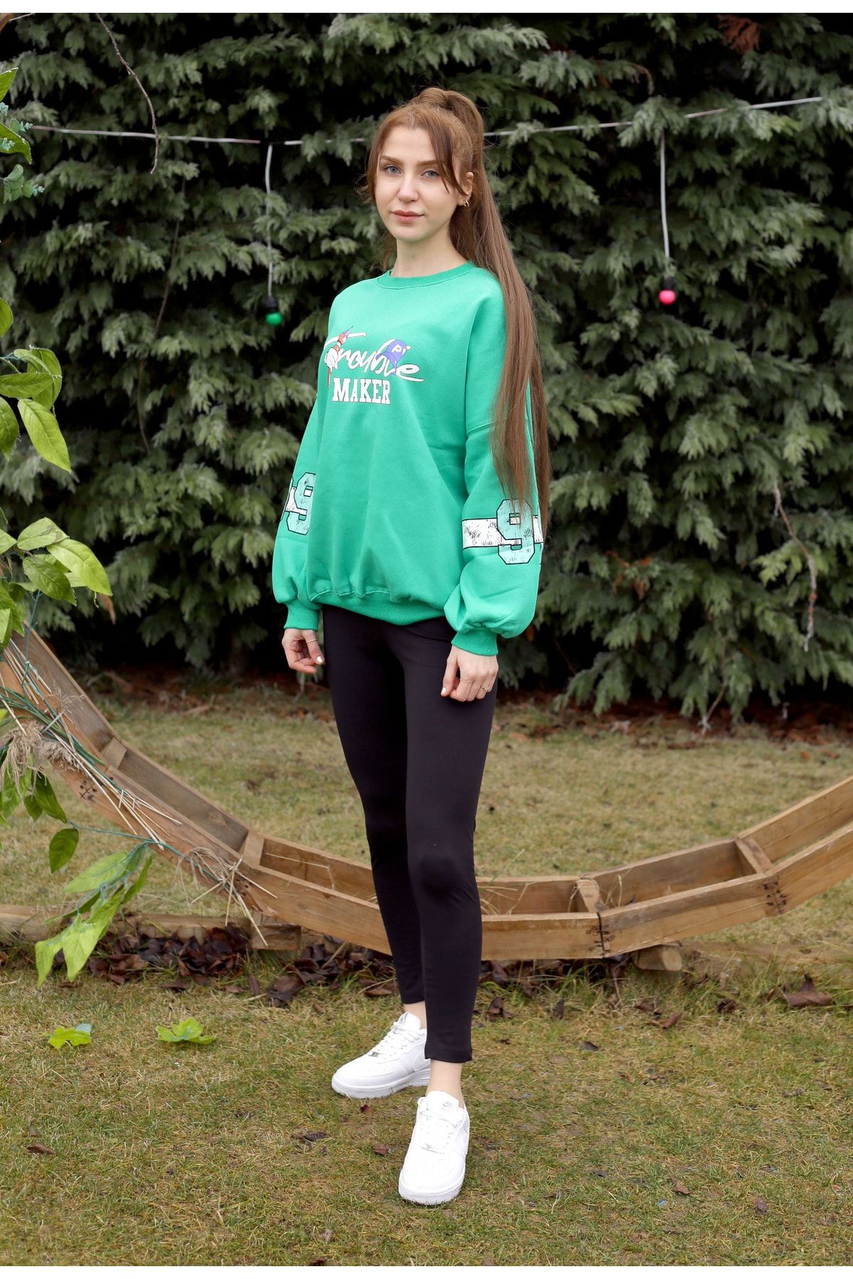 CNSBTK Oversize Sırt Ön Ve Kol Baskılı Uzun Kollu Yeşil Sweatshirt