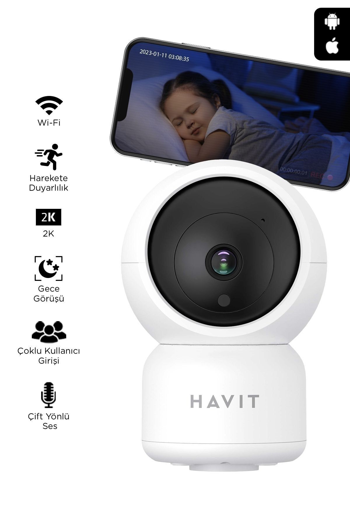 Havit Ipc30 Smart 360° 2k Gece Görüşlü Ip Kamera ( Türkiye Garantili) Wifi Kablosuz Ev Kamerası