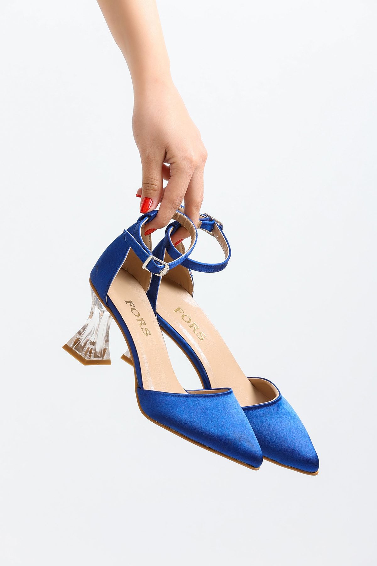 FORS SHOES Kadın Saks Mavi Saten Klasik Topuklu Ayakkabı 7,5 Cm