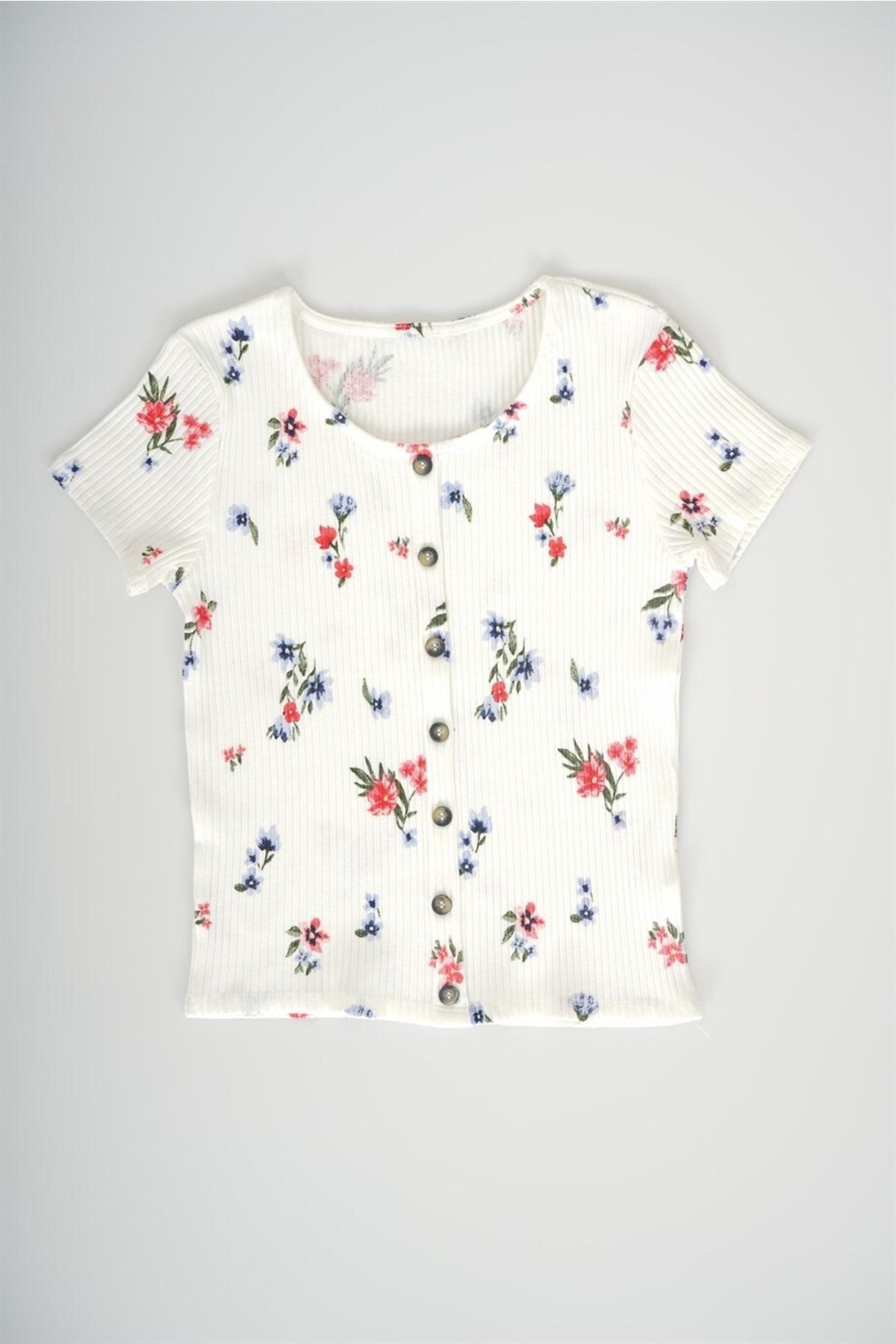 MİNİKO KİDS Kız Çocuk Yarım Kol Çiçek Desenli Pamuk Fitilli Tişört