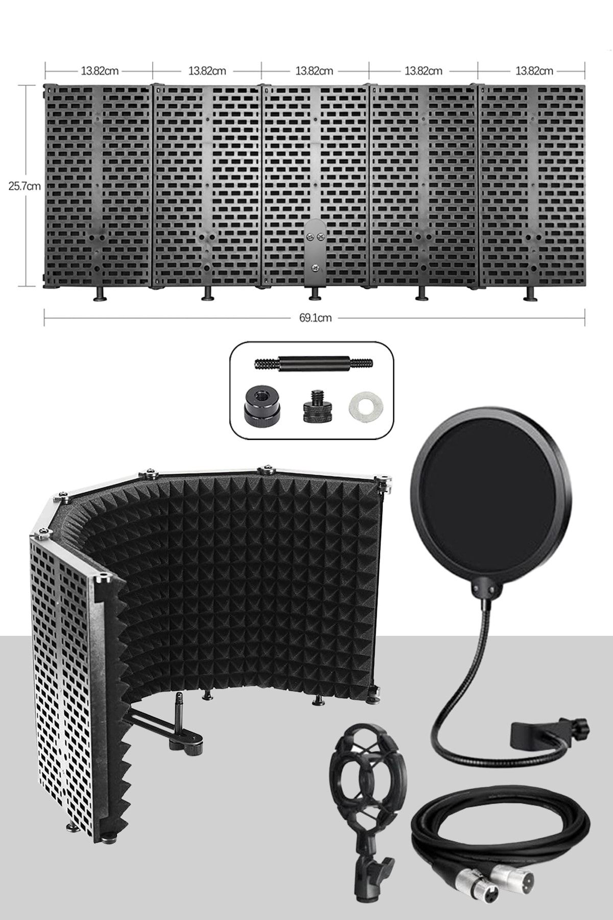 Midex Pf-43ps Mikrofon Ses Yalıtım Paneli 5 Bölümlü Ayaklı 69x26 Cm (filtre Sünger Shock Mount Kablo