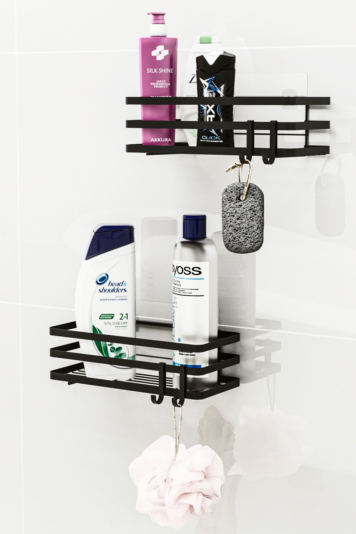 Bino Banyo Düzenleyici Şampuanlık Sabunluk 2 Li Set Lamalı Yapışkanlı 4 Askılı Duş Rafı Organizer