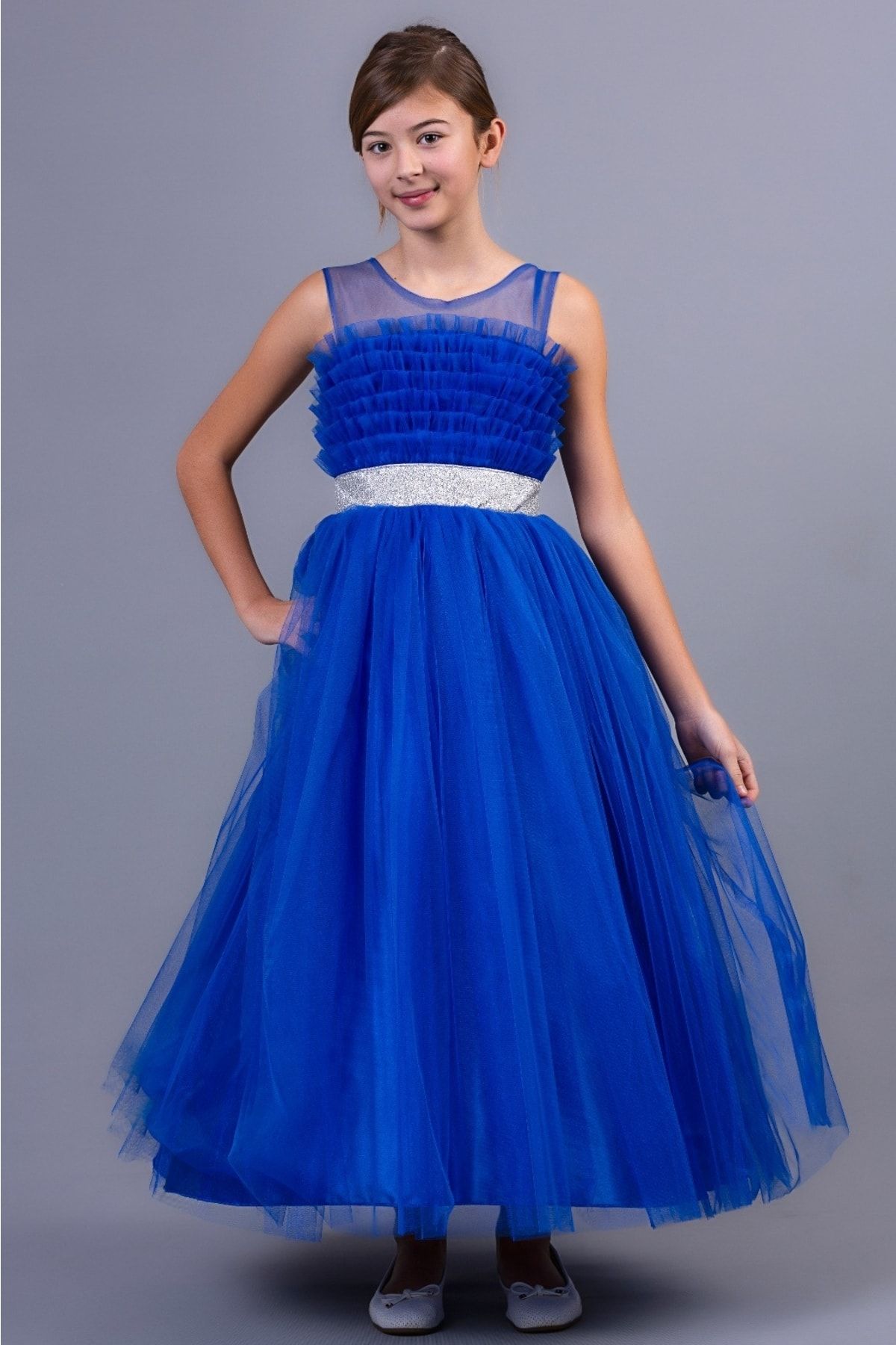 Sare Çocuk Giyim Mavi Dik Tütü Detaylı Uzun Tarlatanlı Kız Çocuk Abiye Doğum Günü Elbisesi Özel Gün Elbisesi