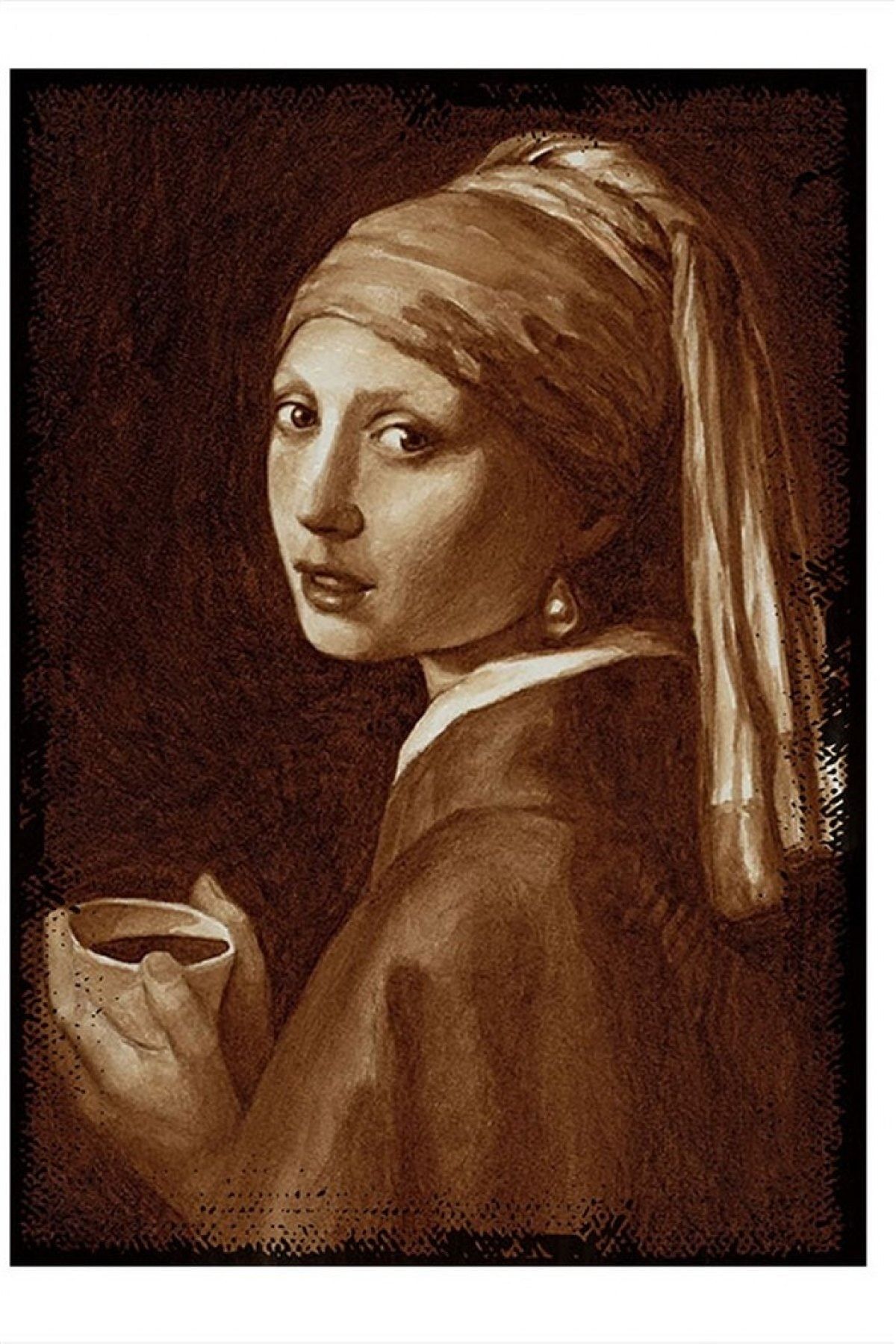 ekart Kahve Içen Inci Küpeli Kadın Desenli Desenli Ahşap Tablo 15cmx 22cm