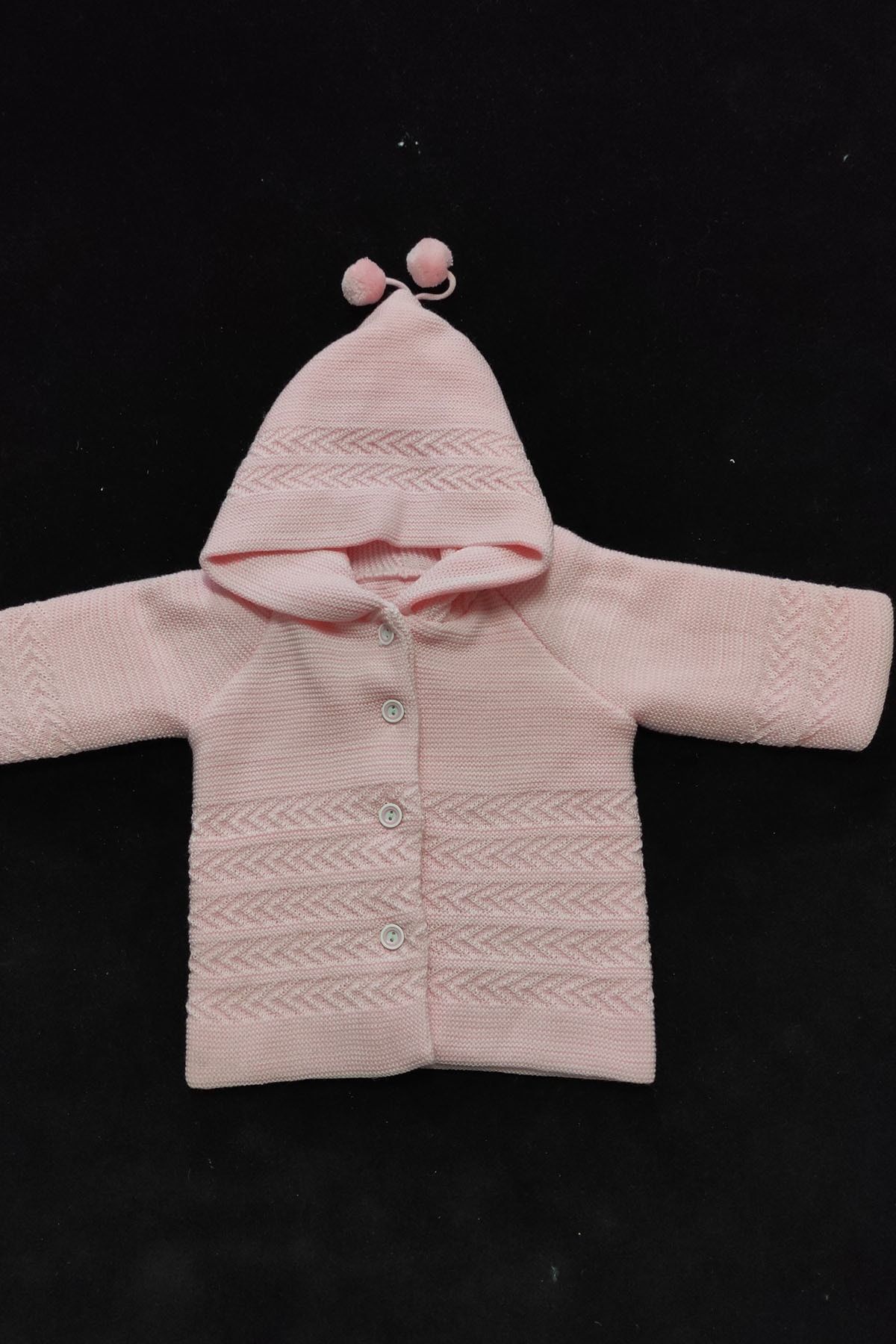 Çt Çeyizci Tekstil Kapşonlu Bebek Hırkası, Düğmeli Hırka, Triko Bebe Hırkası - Pudra Renk