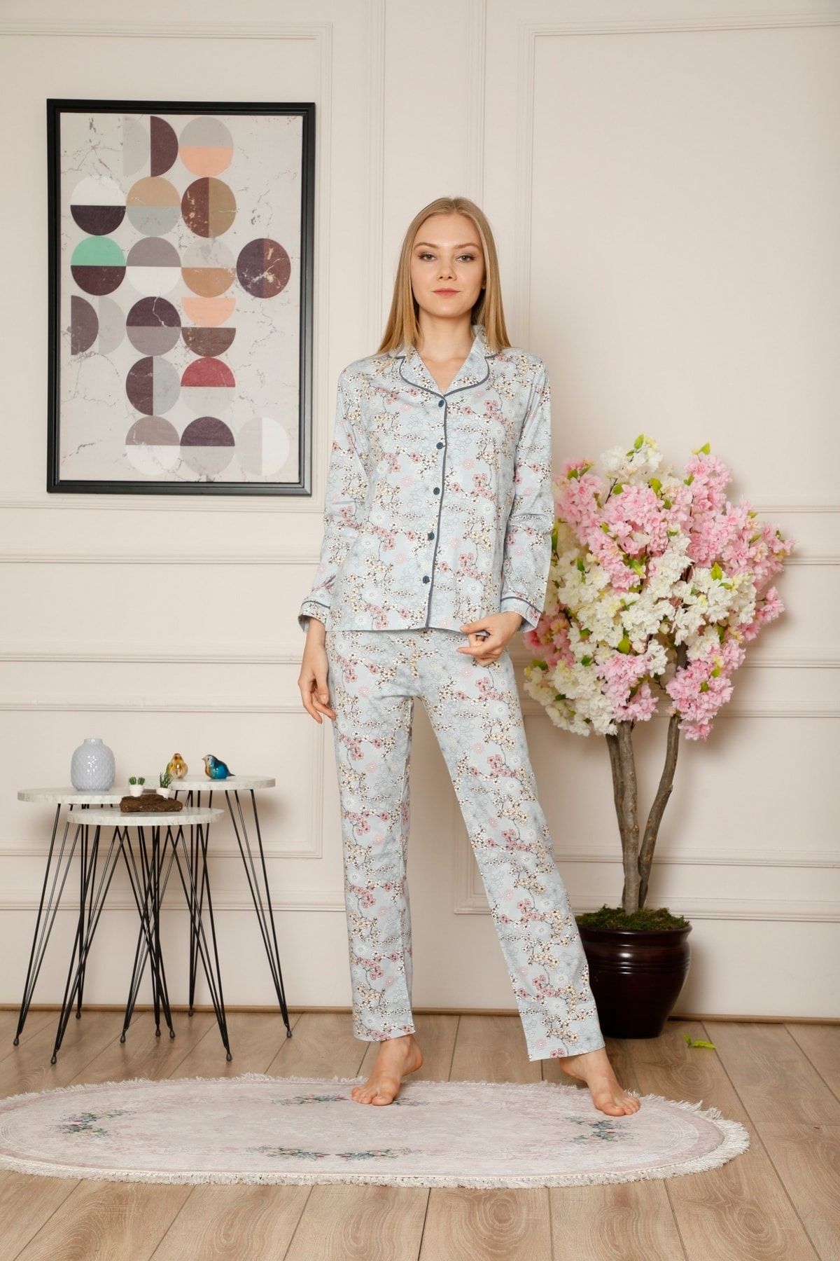 ALİMER Mavi Çiçekli Pamuklu Gömlek Yaka Önden Düğmeli Uzun Kol Mevsimlik Pijama Takımı - Hamile Pijaması